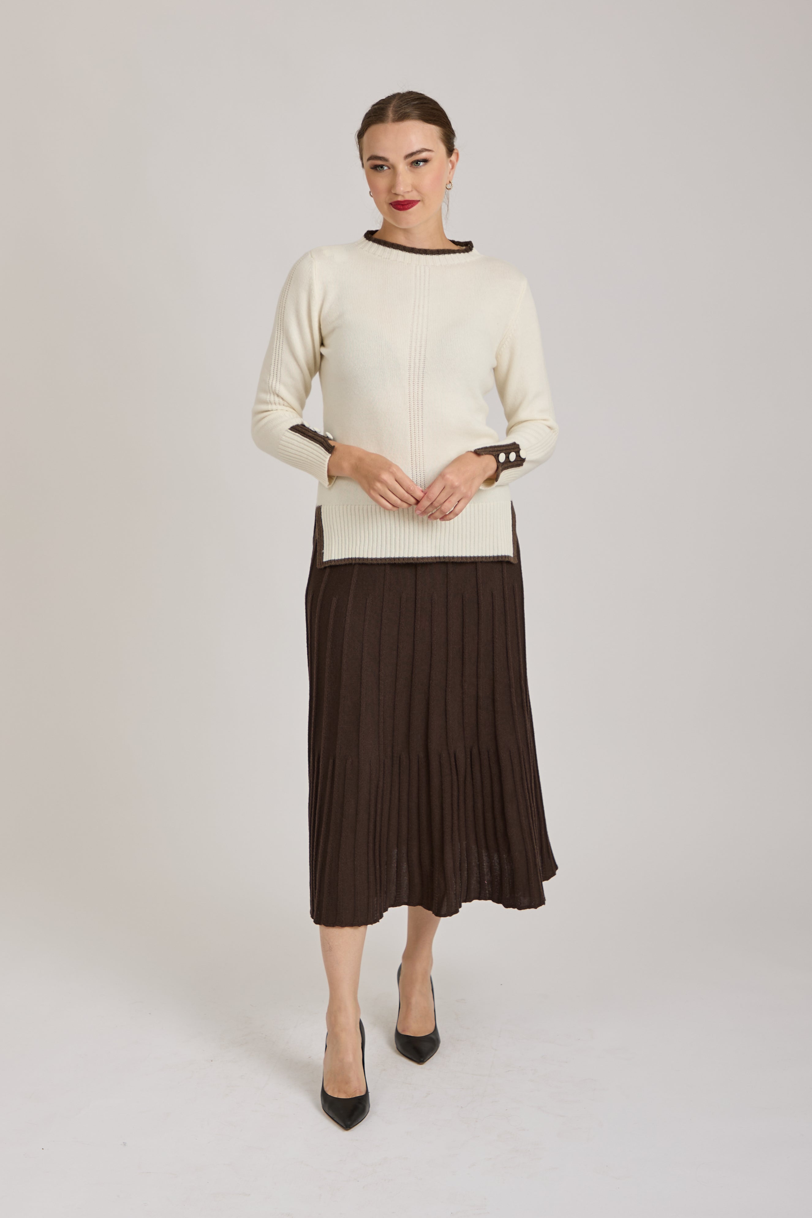 MERINO PLEATED SKIRT- BROWN