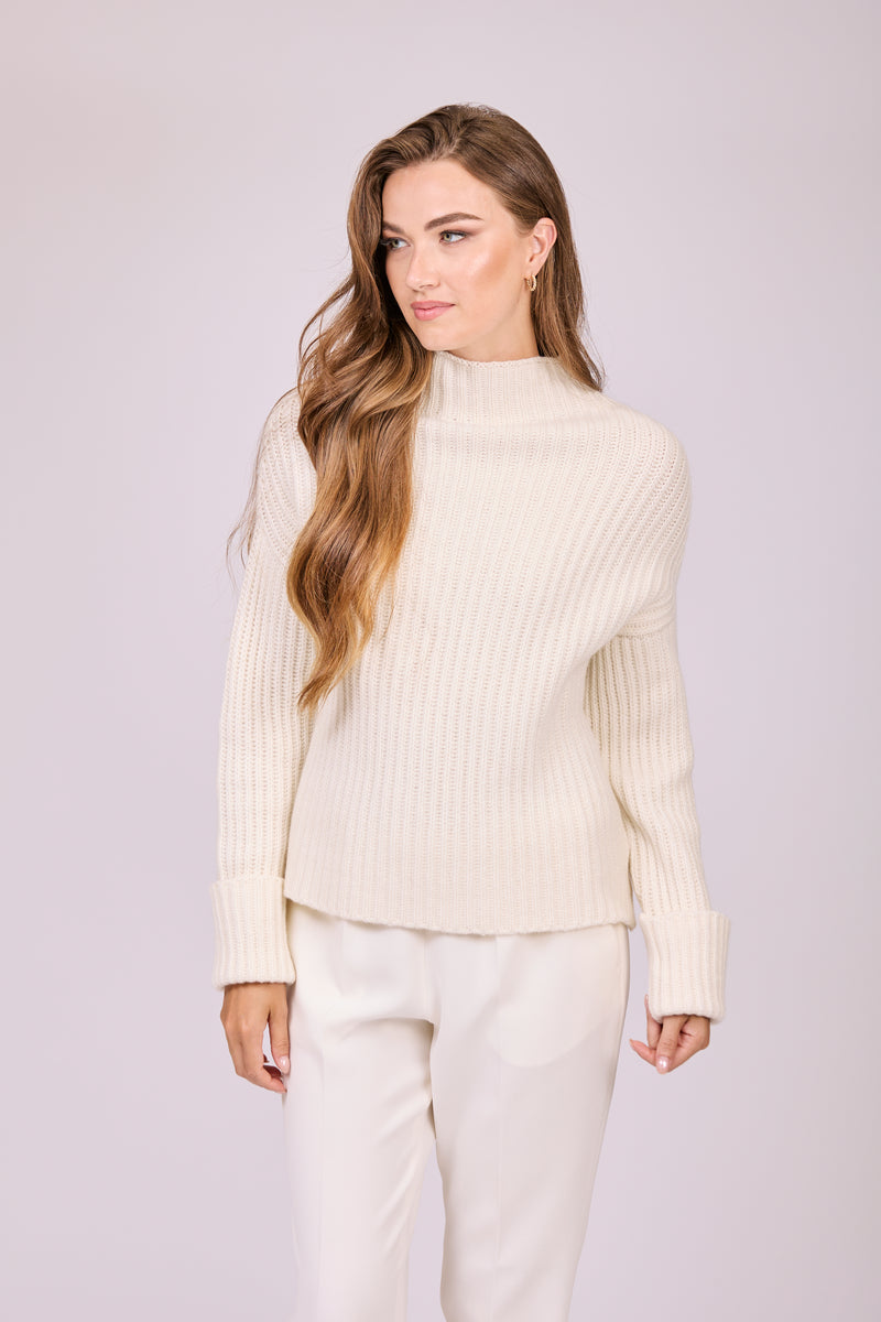 RIBBED HIGH NECK CASHMERE JUMPER-WHITE