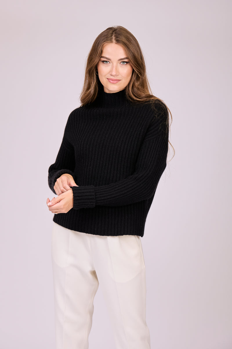 RIBBED HIGH NECK CASHMERE JUMPER-BLACK