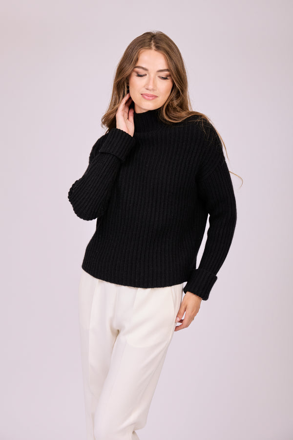 RIBBED HIGH NECK CASHMERE JUMPER-BLACK