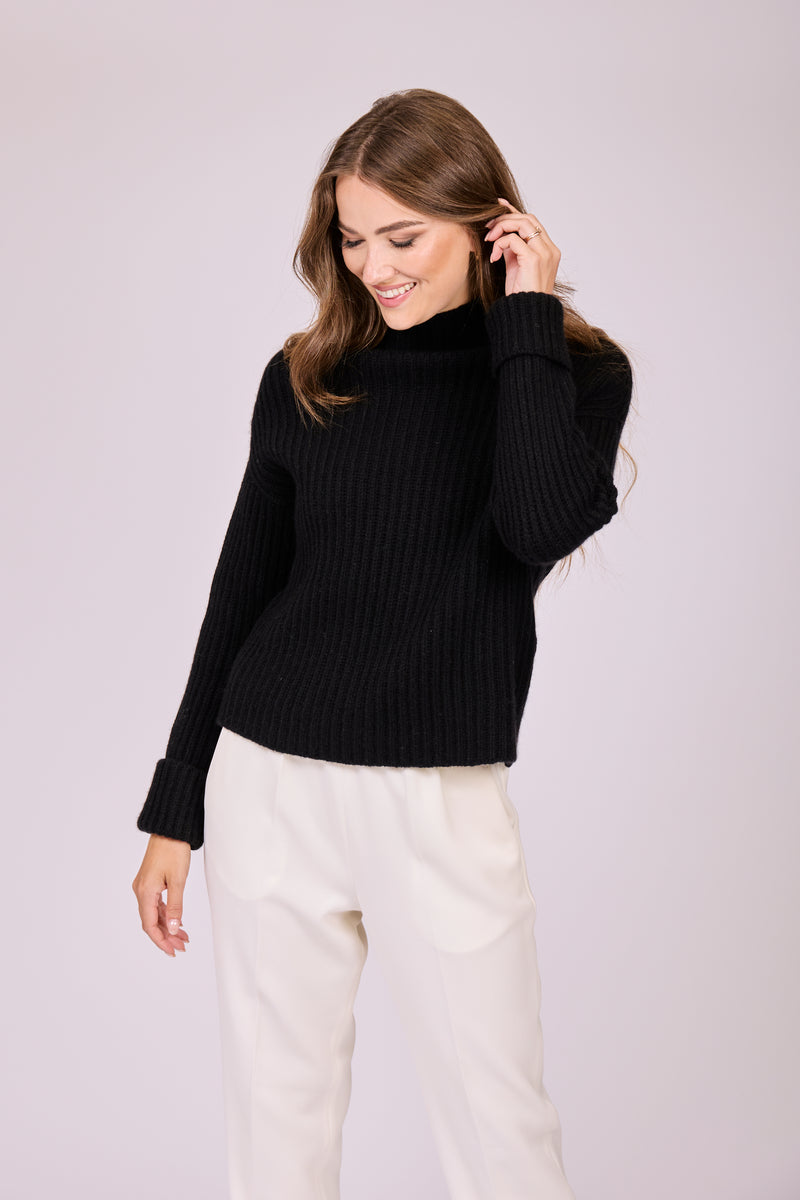 RIBBED HIGH NECK CASHMERE JUMPER-BLACK