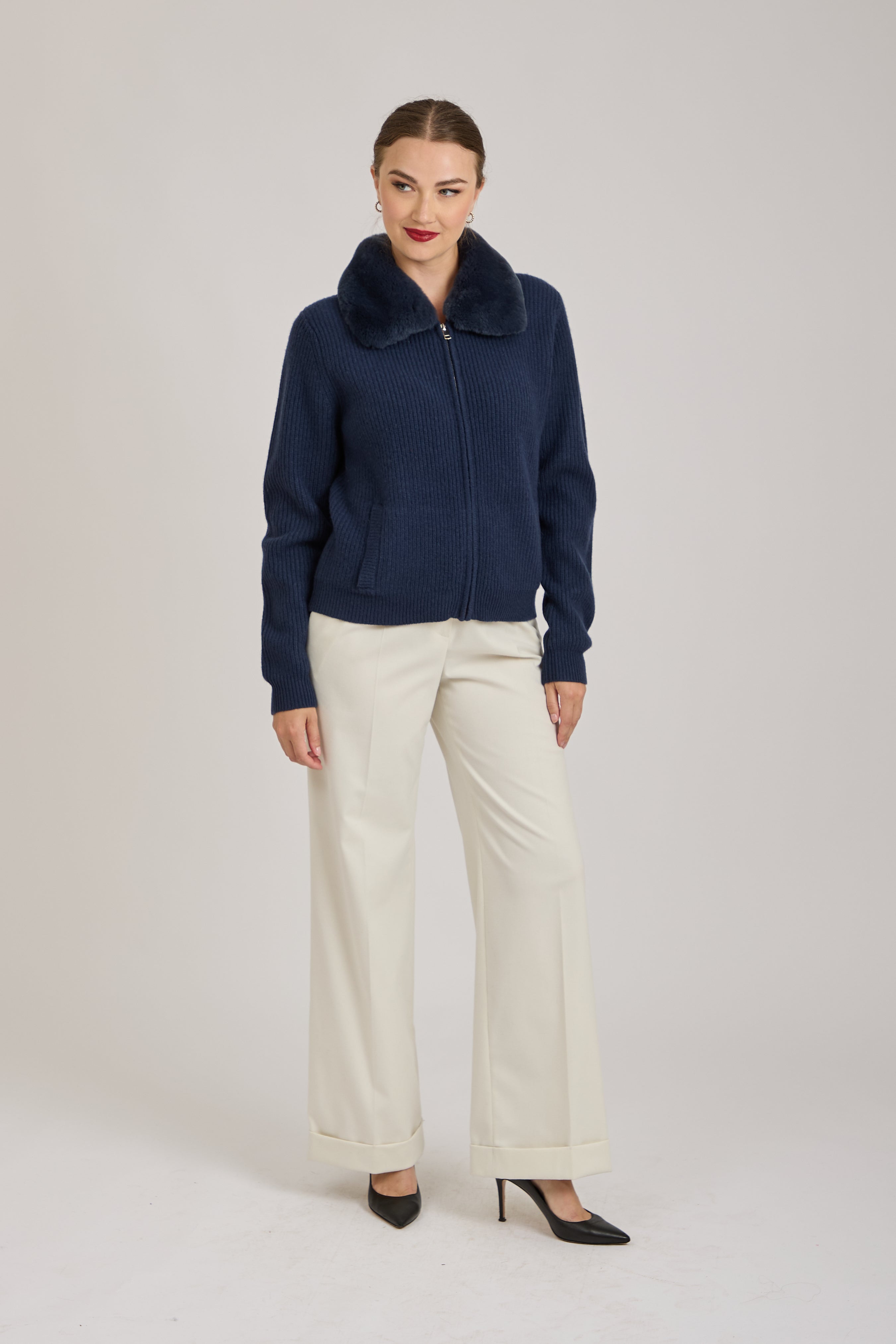 CASHMERE CARDIGAN  WITH REX COLLAR-NAVY