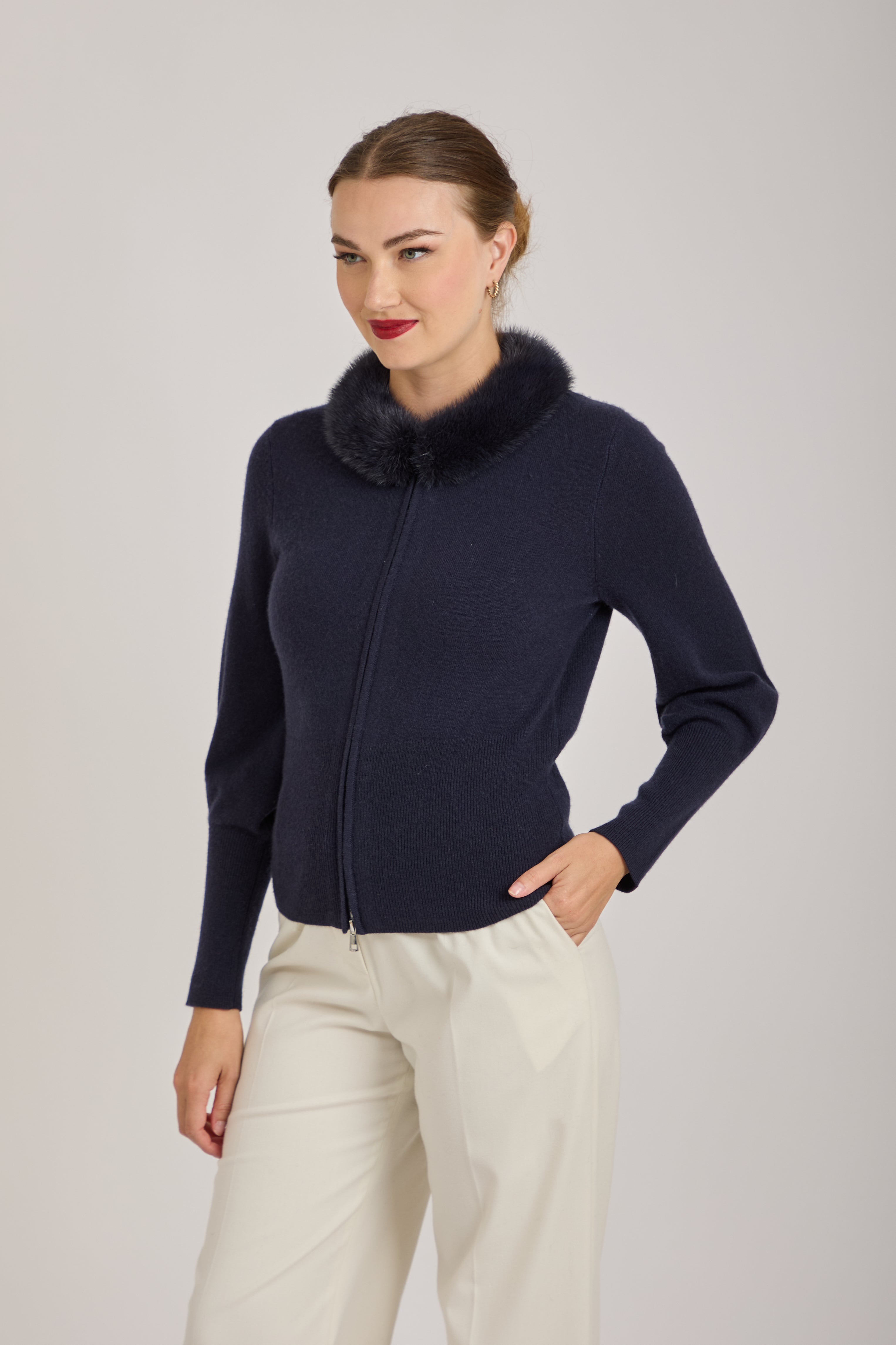 CASHMERE CARDIGAN WITH MINK COLLAR-NAVY