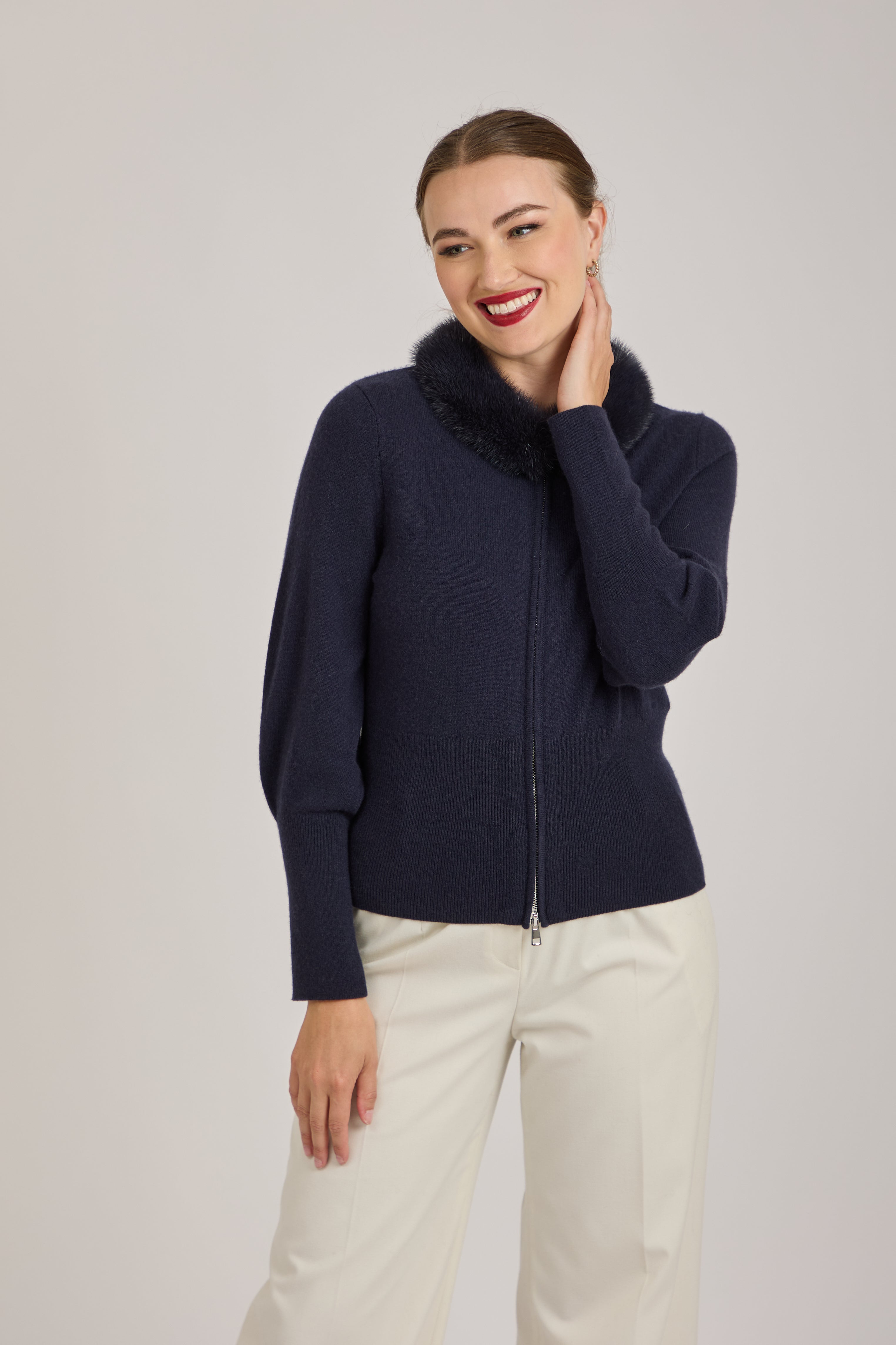 CASHMERE CARDIGAN WITH MINK COLLAR-NAVY