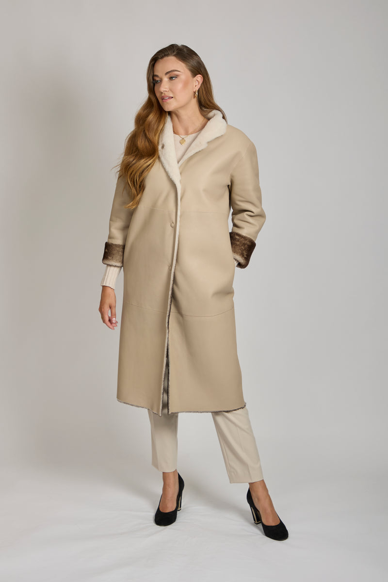 REVERSIBLE SHEARLING COAT-BRONZE/WHITE