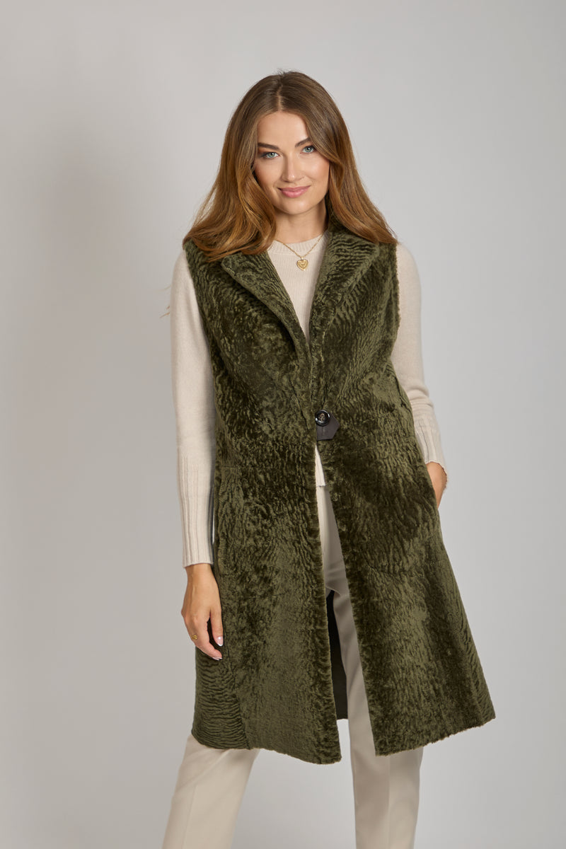CURLY SHEARLING VEST -OLIVE
