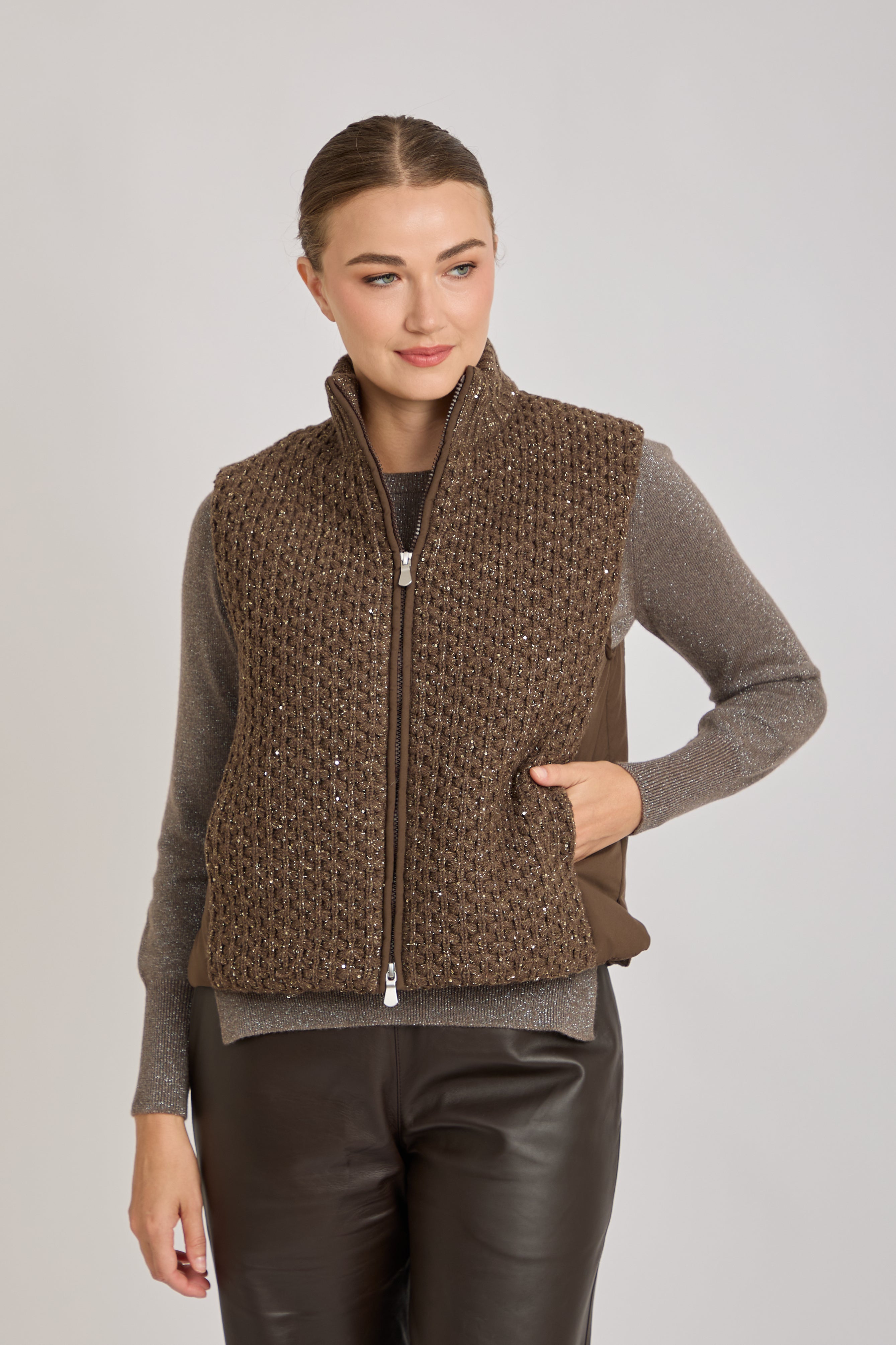 VEST WITH LUREX DETAILS- BROWN