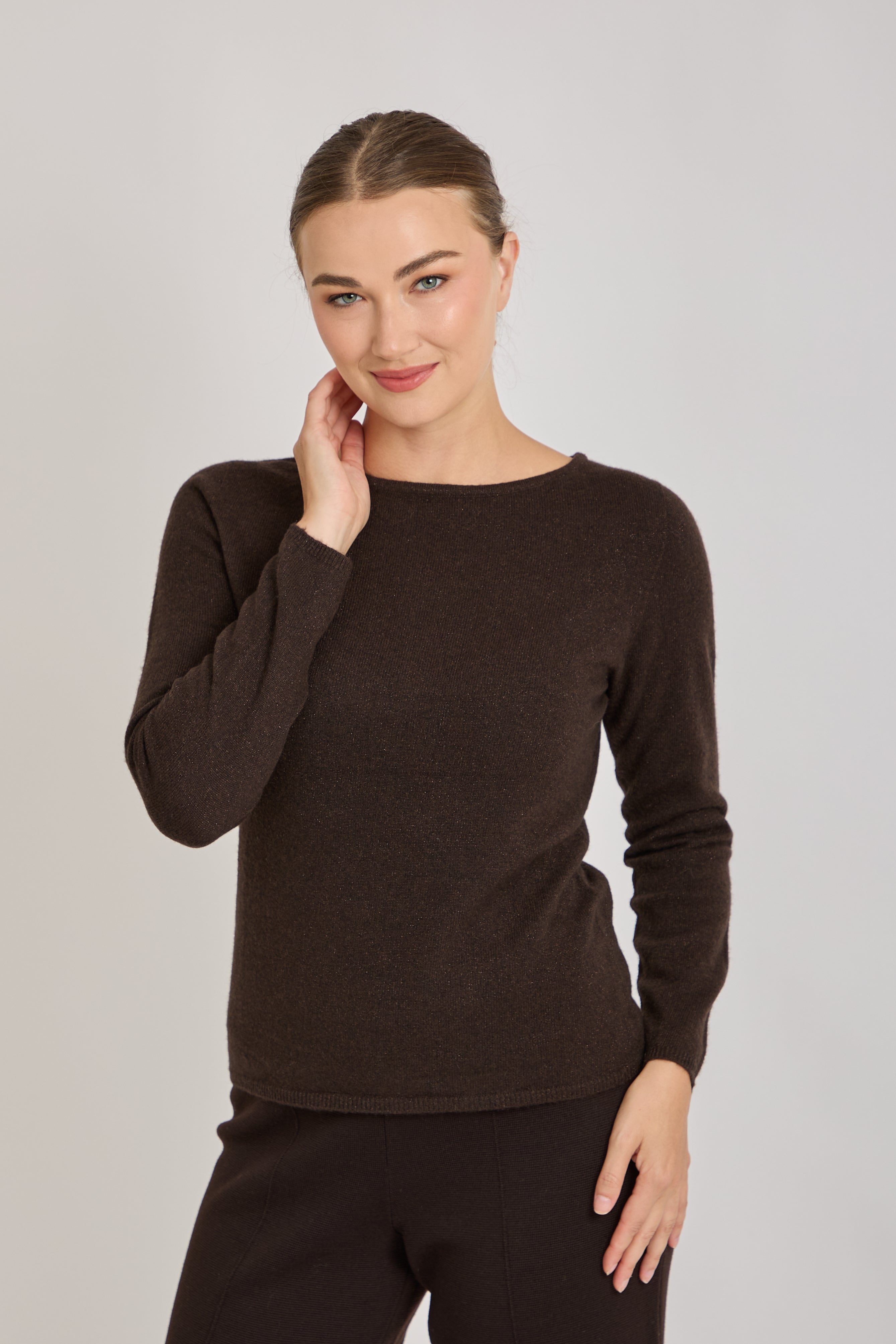 CREW NECK CASHMERE JUMPER-BROWN