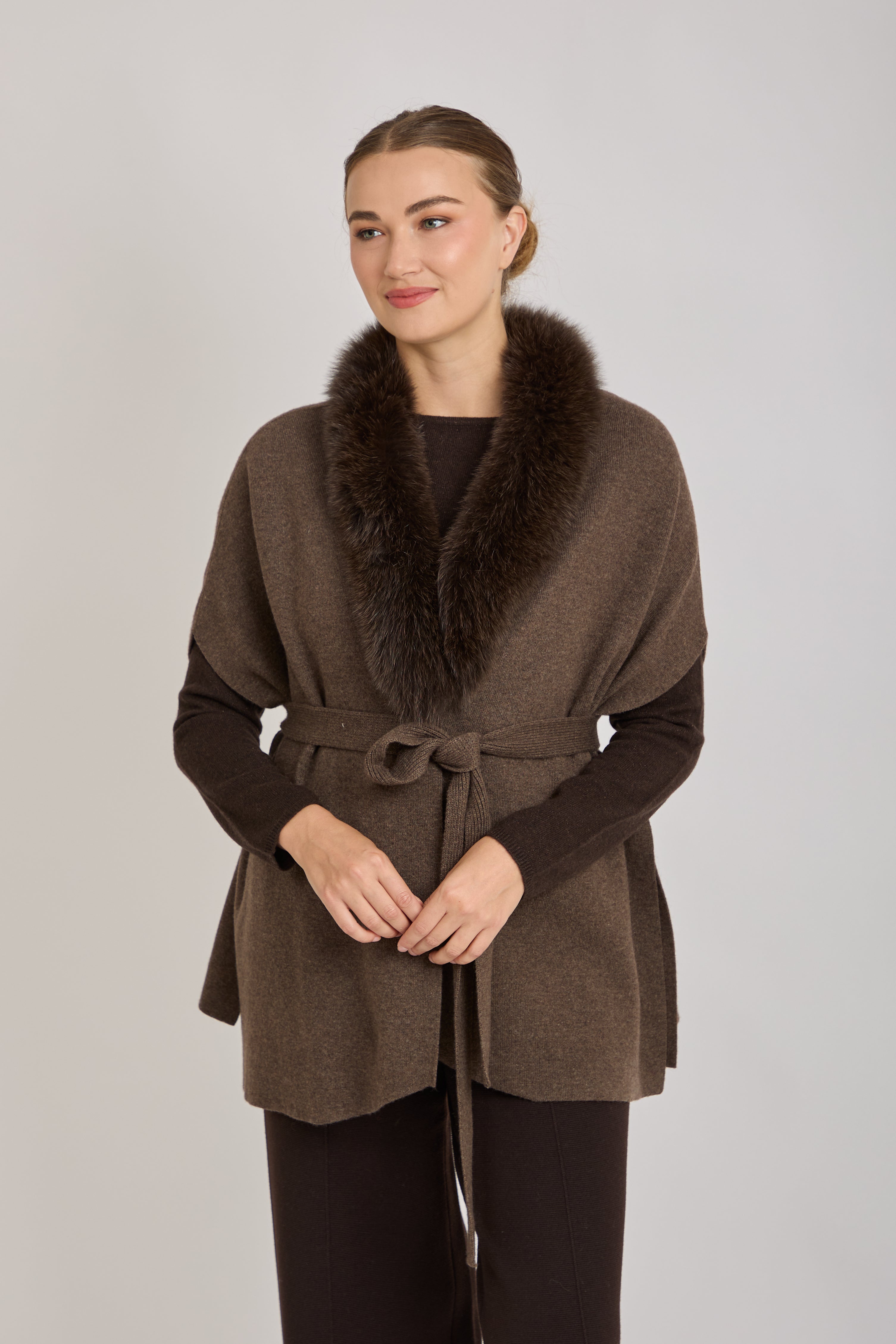 CARDIGAN WITH FOX FUR DETAILS-MARRON