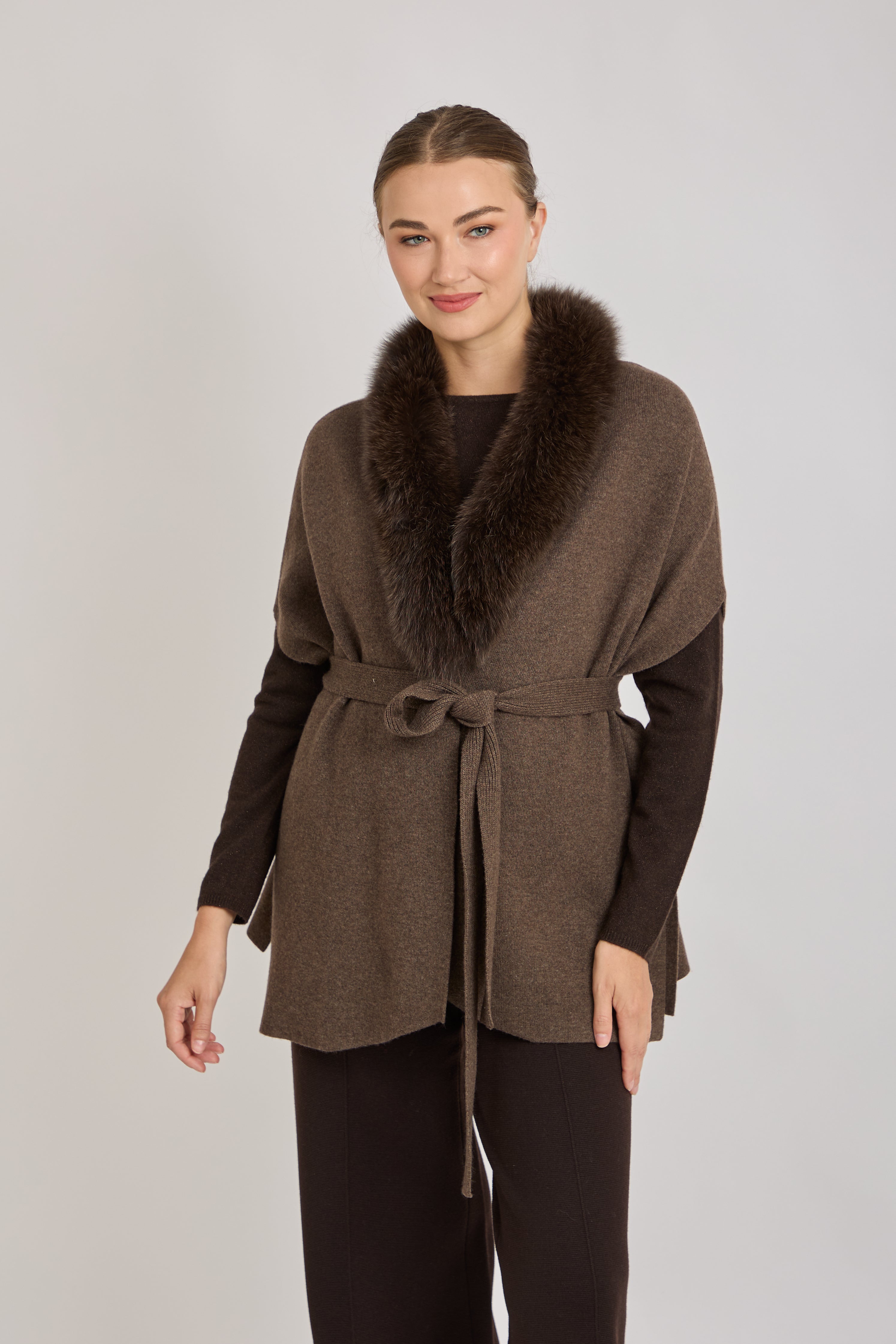 CARDIGAN WITH FOX FUR DETAILS-MARRON