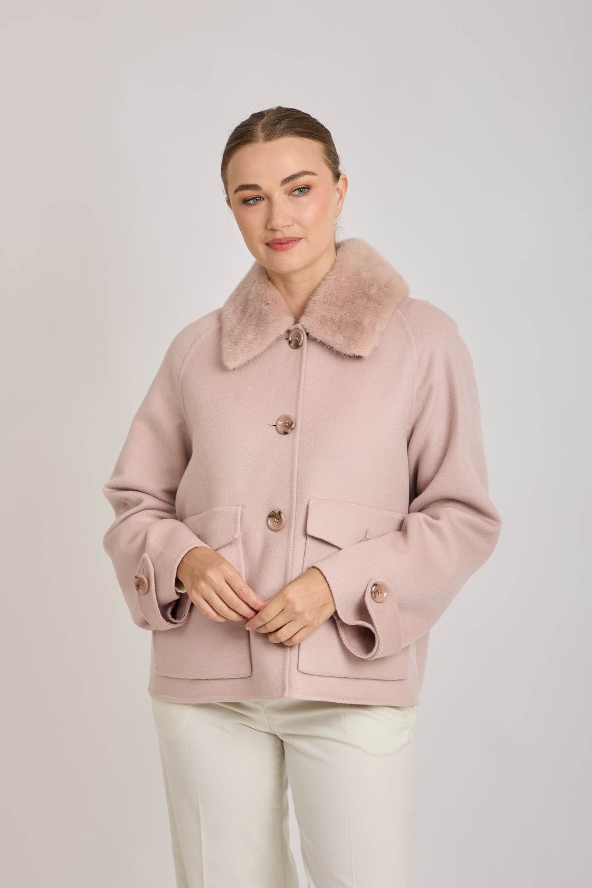 SHORT JACKET WITH DETACHABLE MINK COLLAR-ROSE