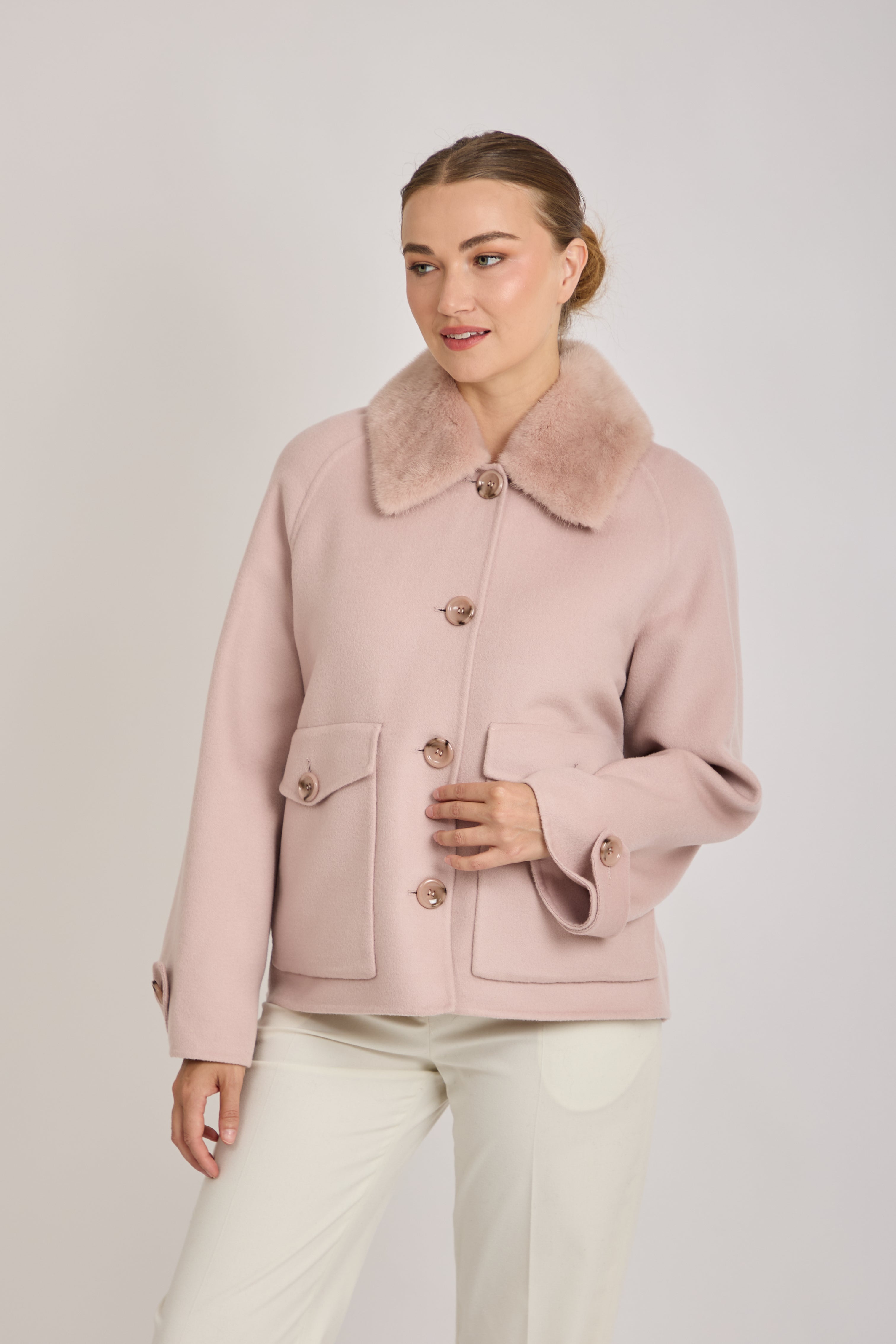SHORT JACKET WITH DETACHABLE MINK COLLAR-ROSE