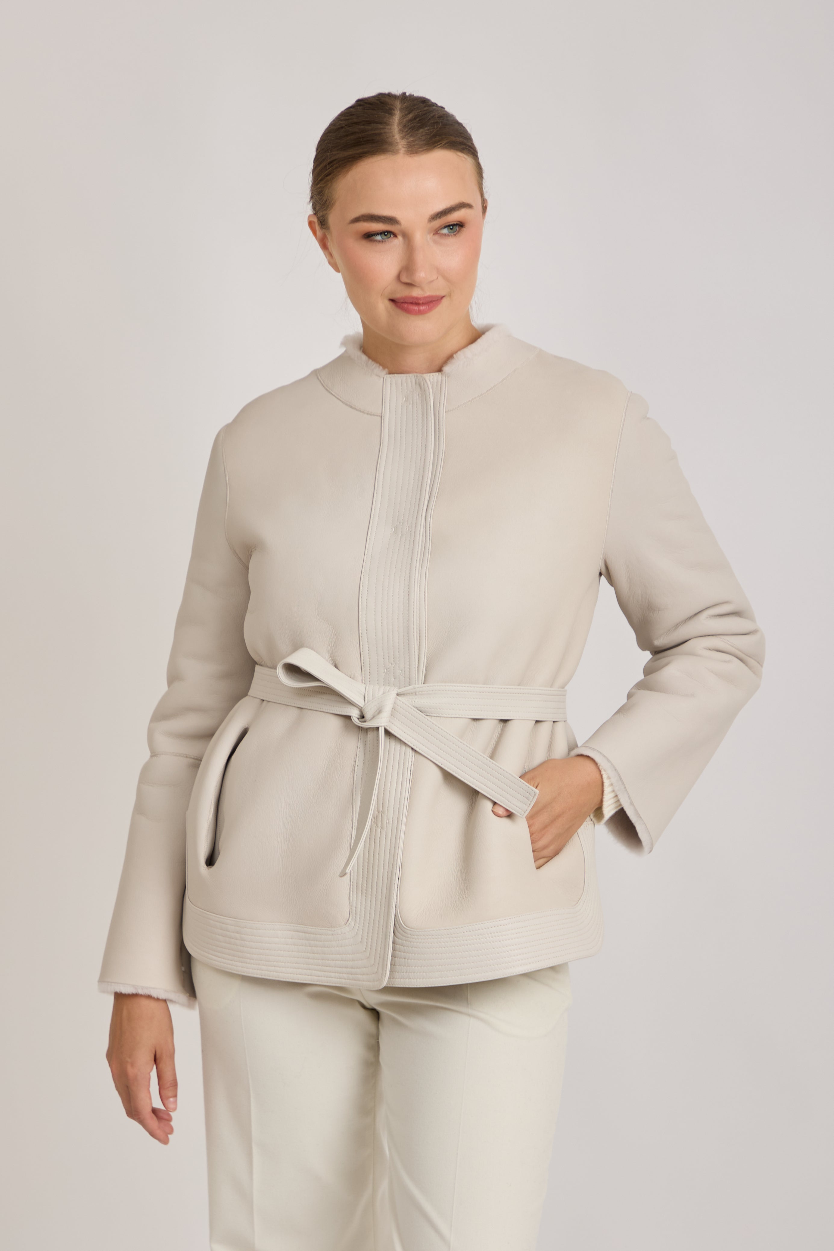 REVERSIBLE BELTED SHEARLING JACKET- MILK