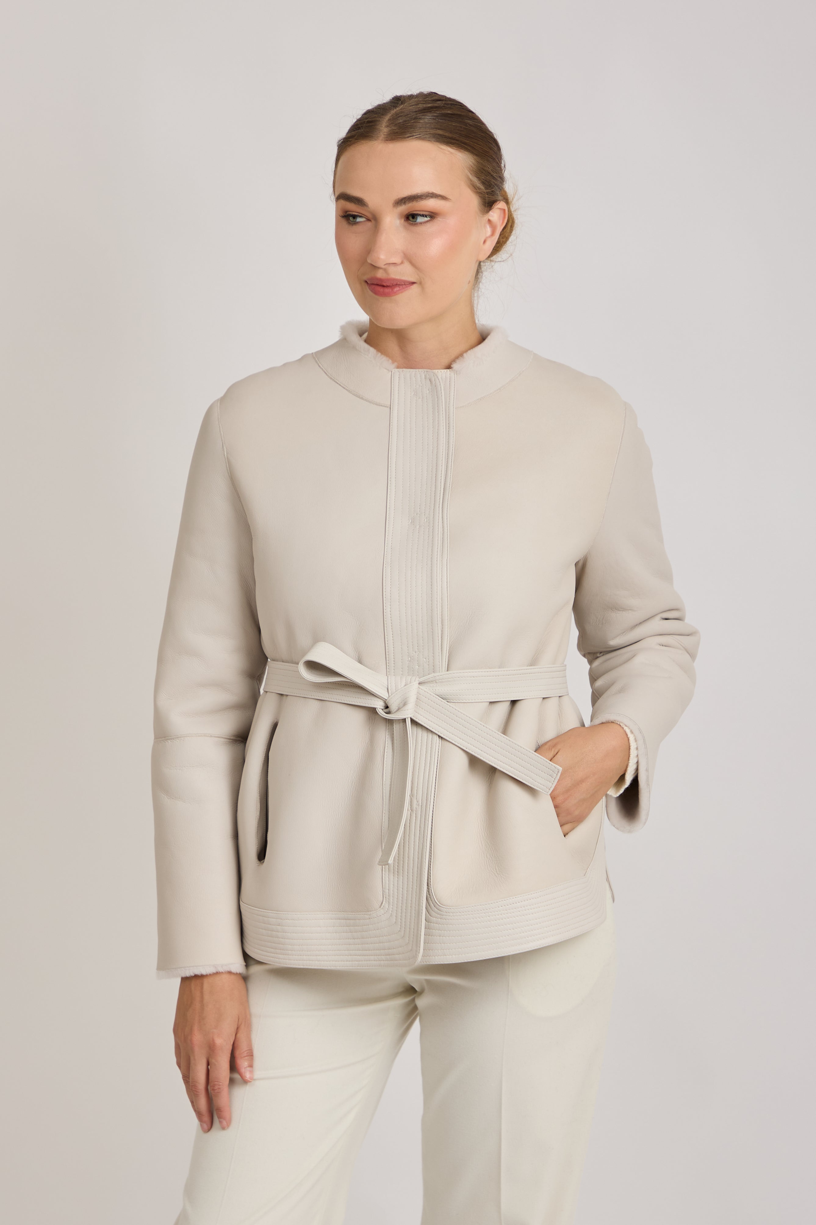 REVERSIBLE BELTED SHEARLING JACKET- MILK