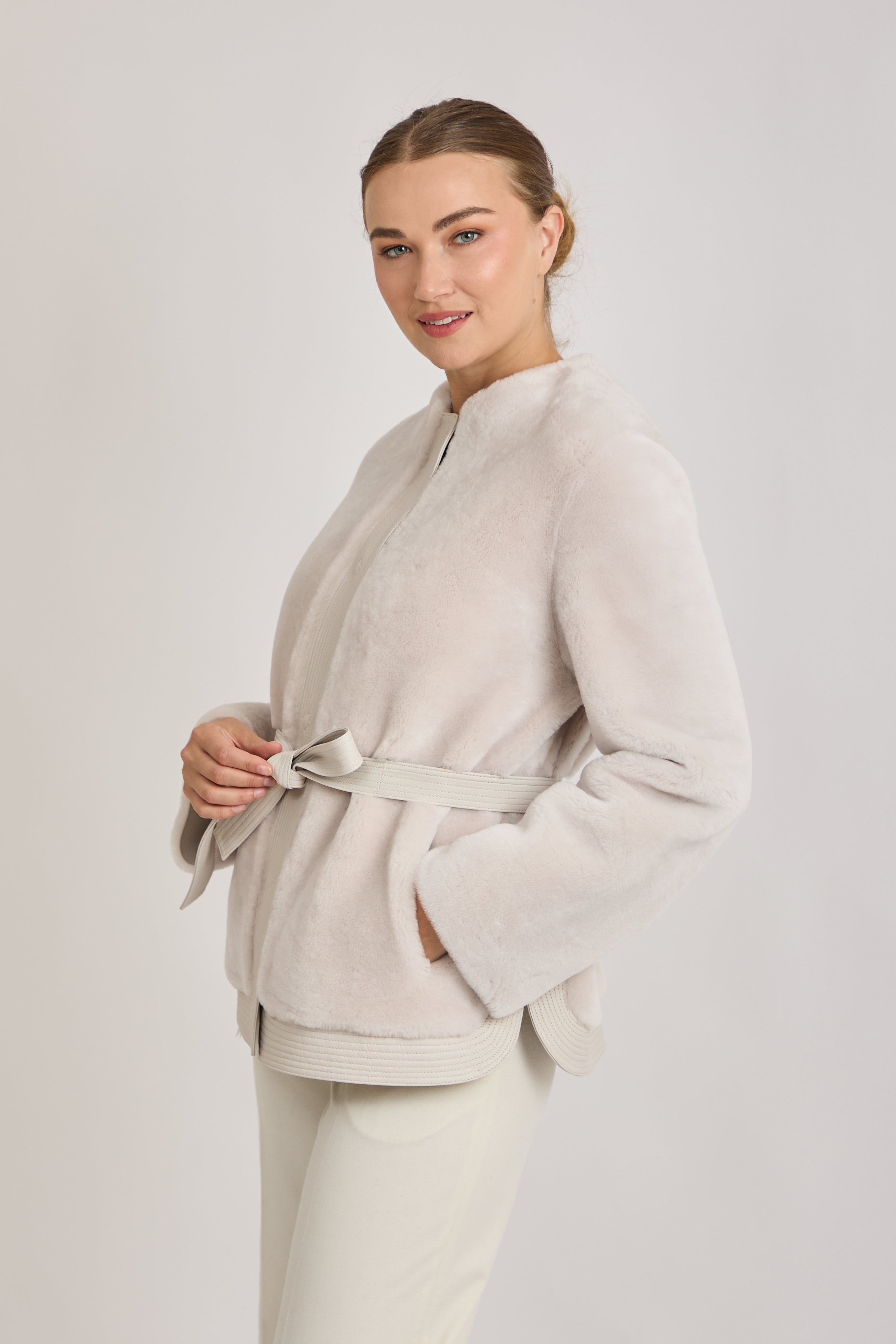 REVERSIBLE BELTED SHEARLING JACKET- MILK