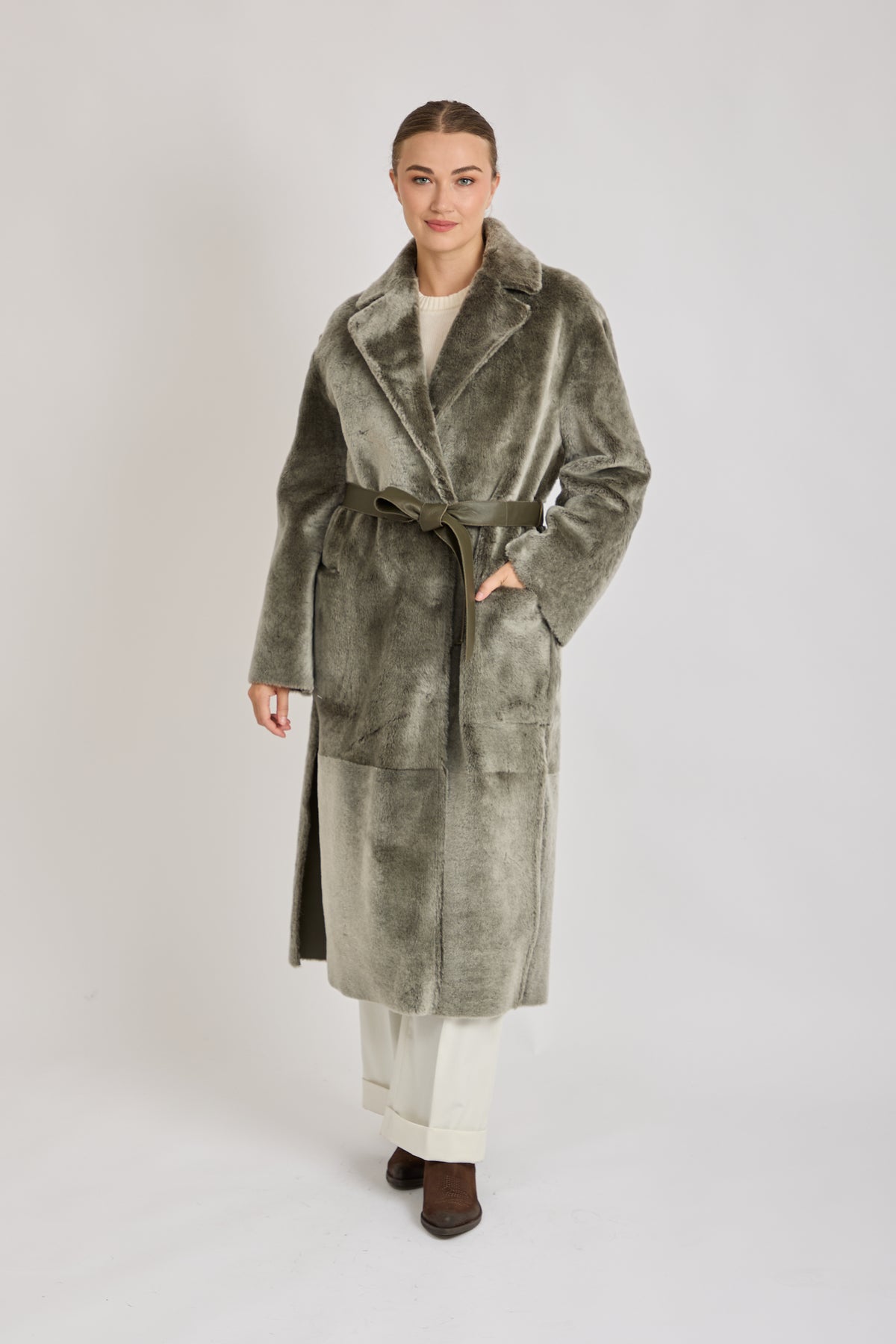 REVERSIBLE SHEARLING COAT-KAKI