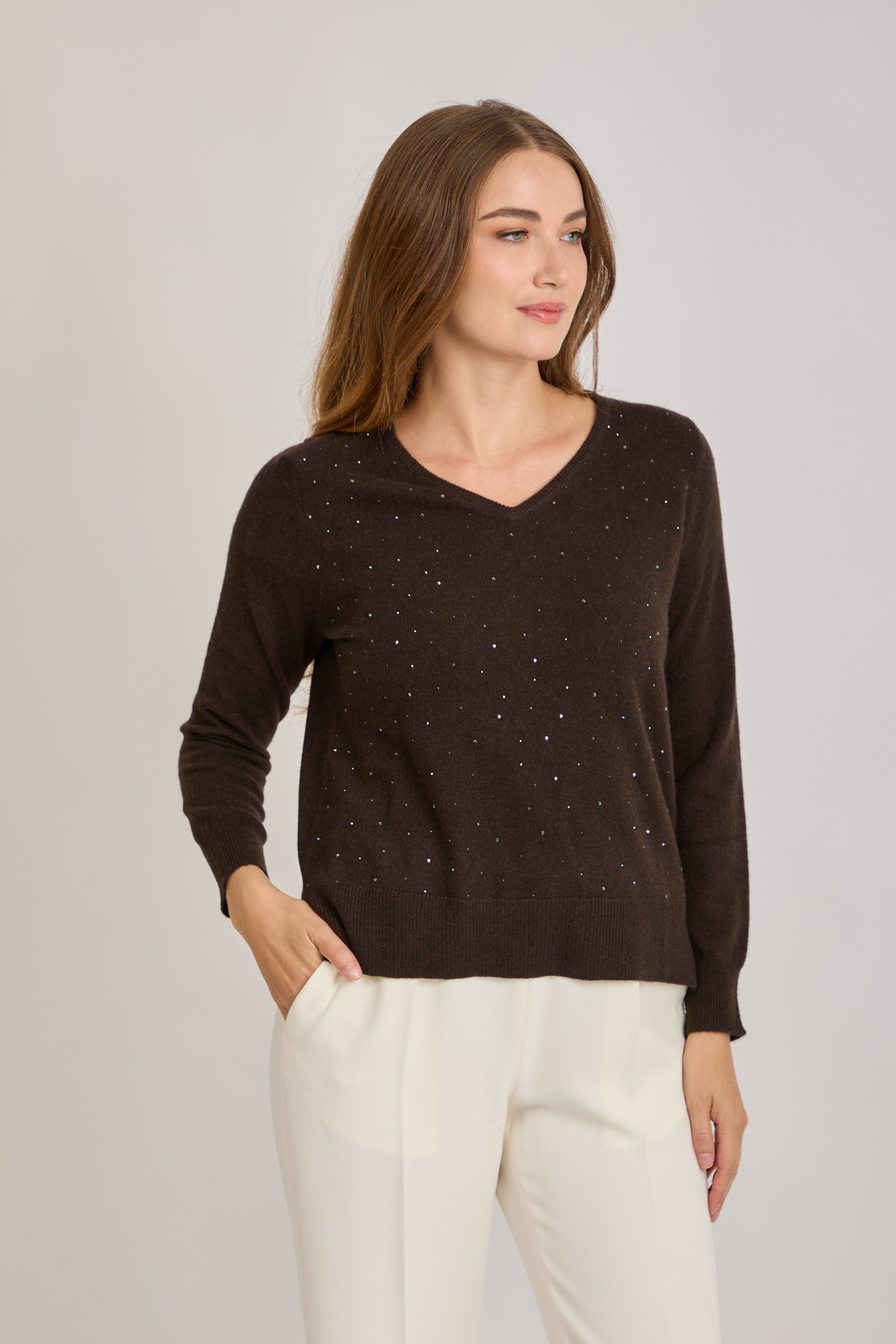 V NECK CASHMERE JUMPER WITH STRASS - BROWN