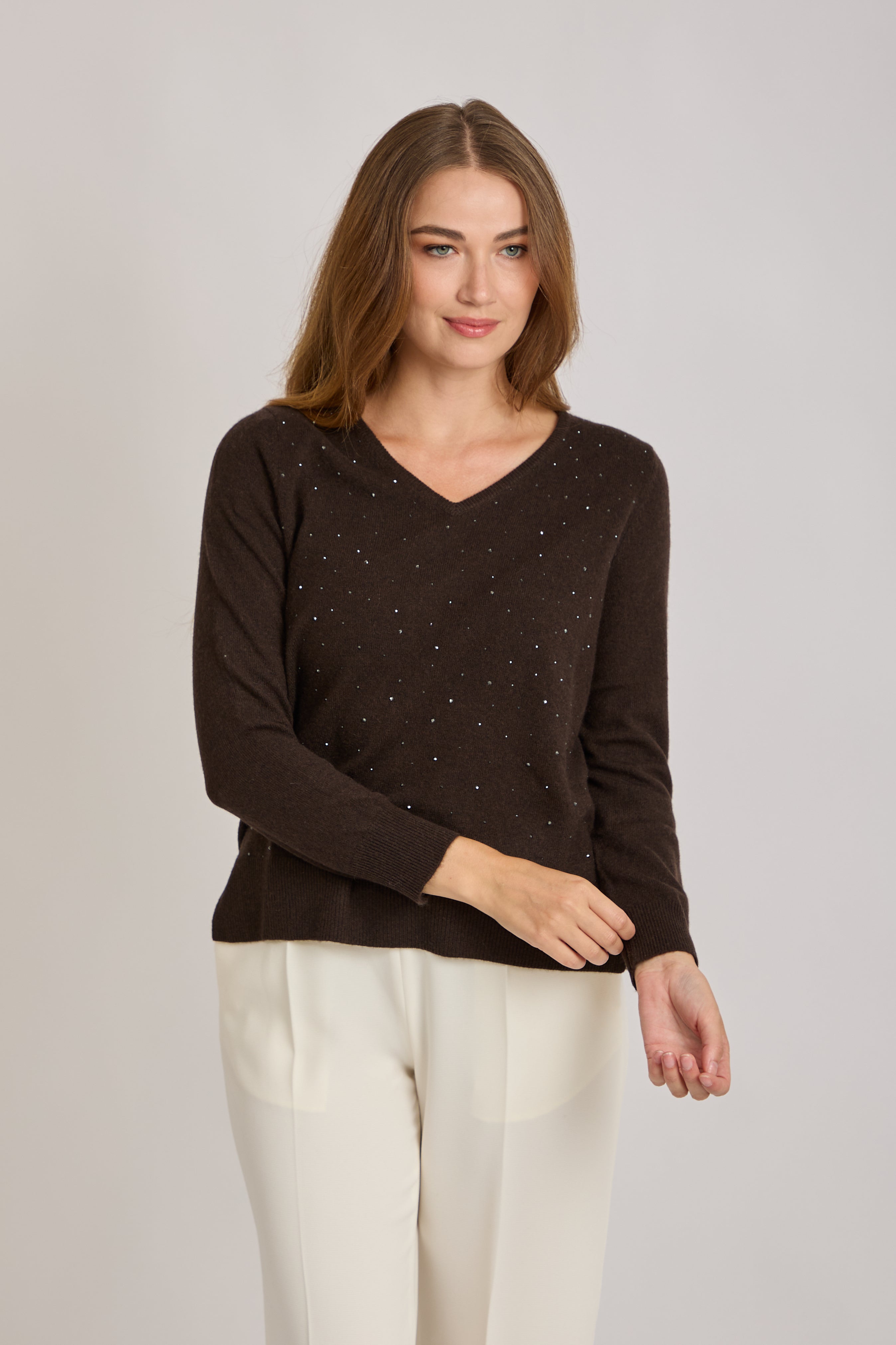 V NECK CASHMERE JUMPER WITH STRASS - BROWN