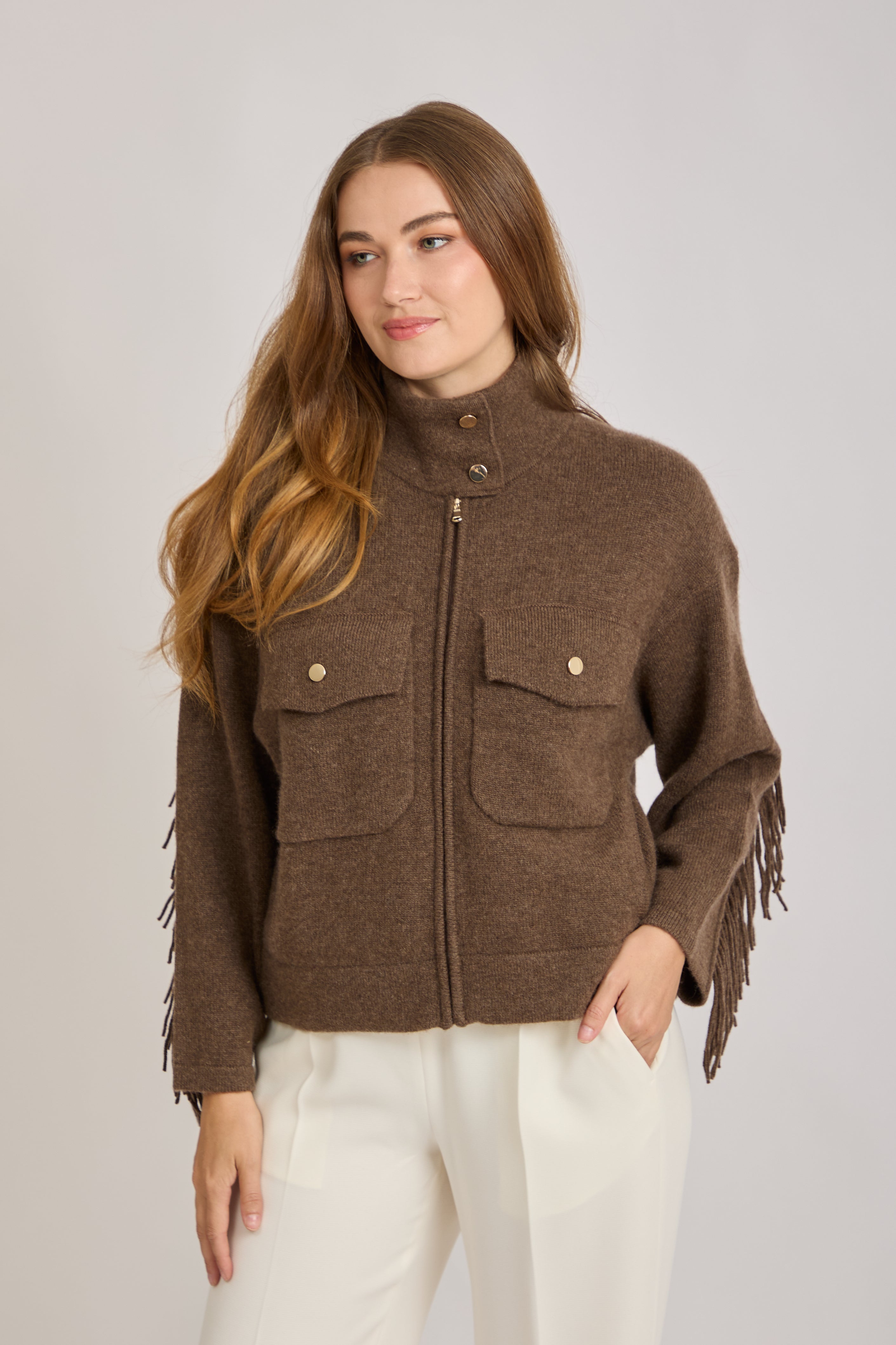 CASHMERE CARDIGAN WITH FRINGE-MOKA