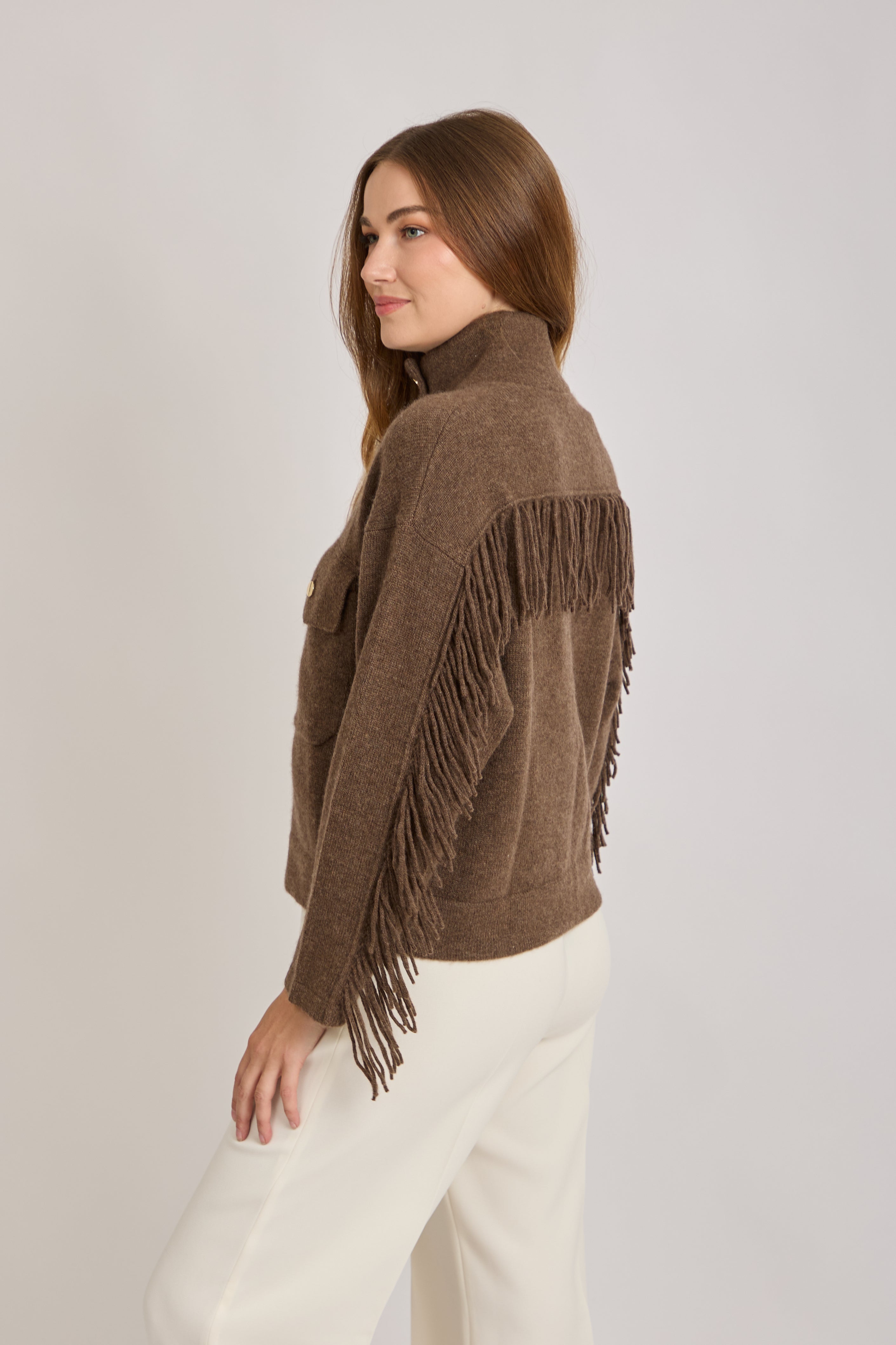 CASHMERE CARDIGAN WITH FRINGE-MOKA