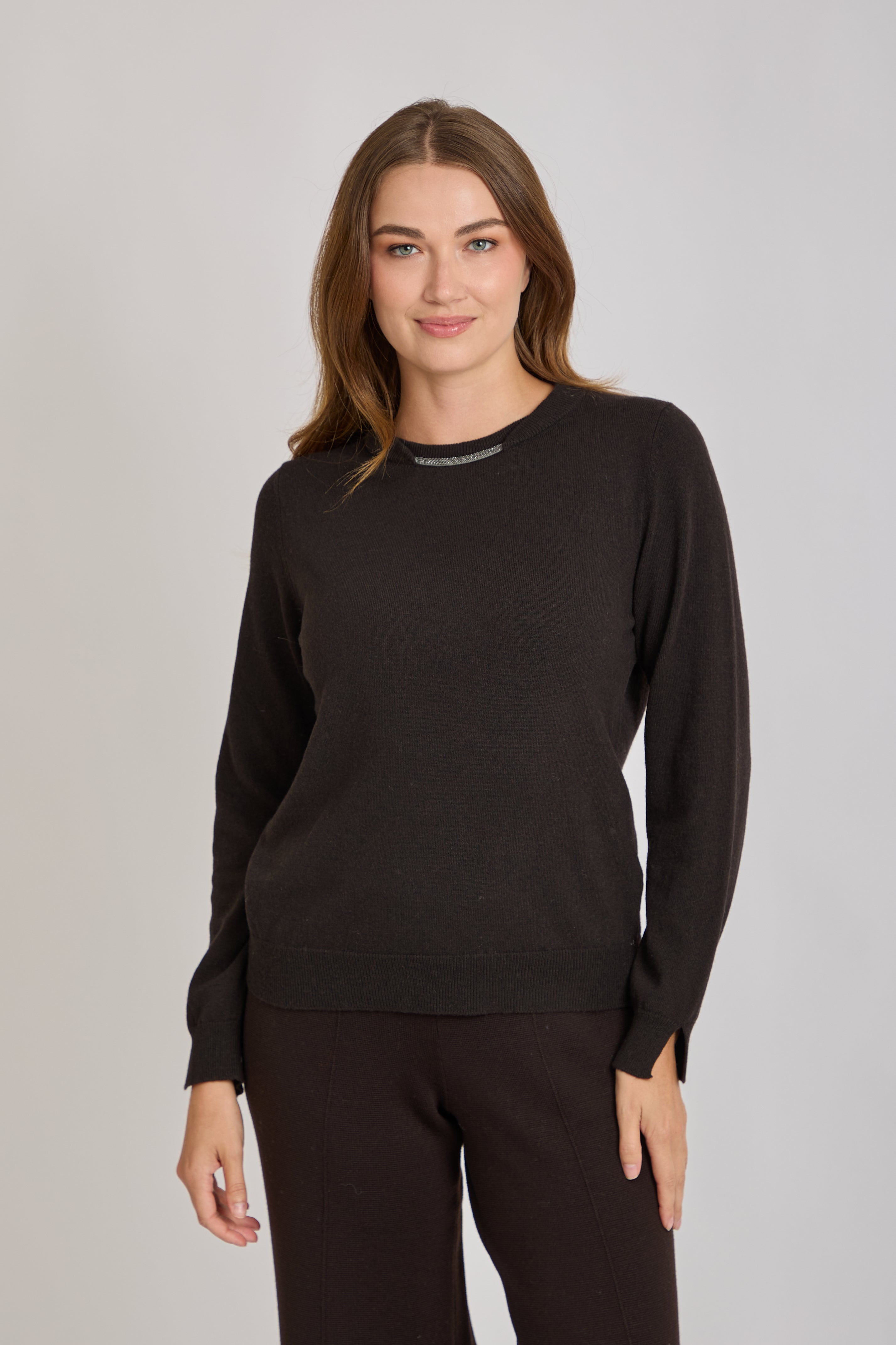 CREW NECK CASHMERE JUMPER WITH DETAILS-BROWN