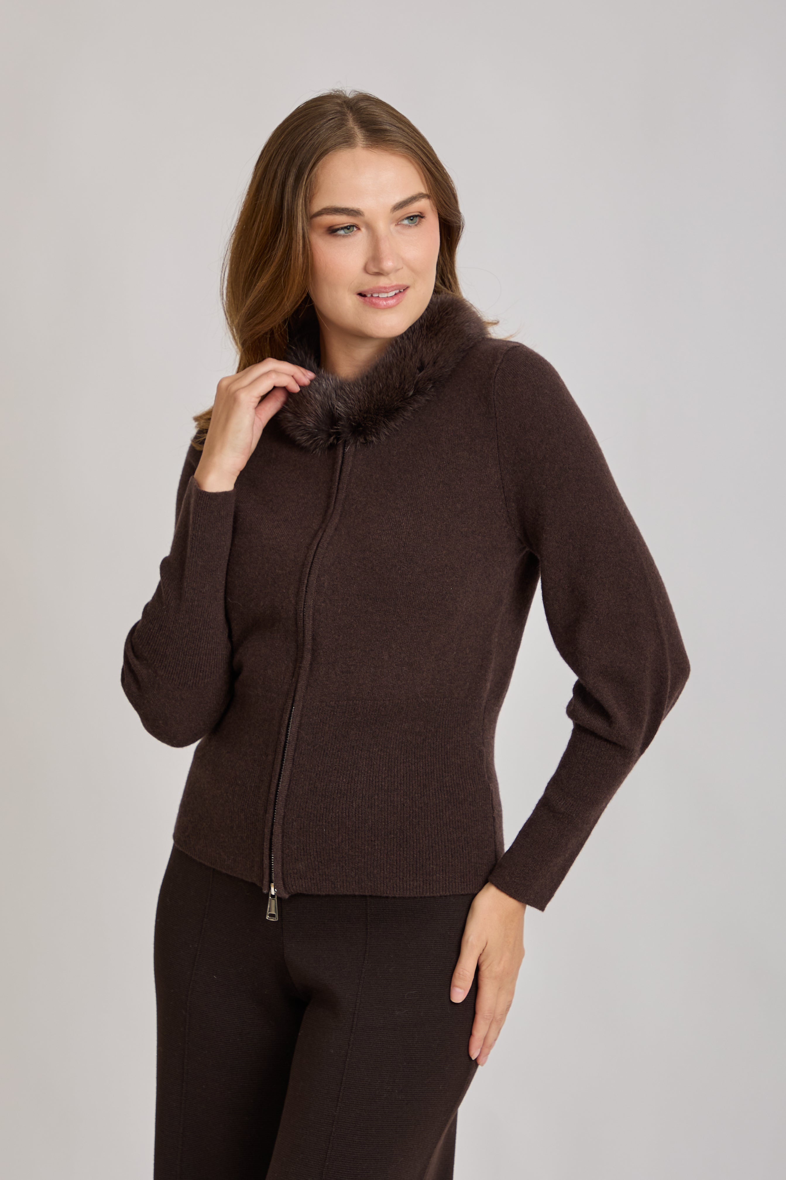 CASHMERE CARDIGAN WITH MINK COLLAR-DARK BROWN