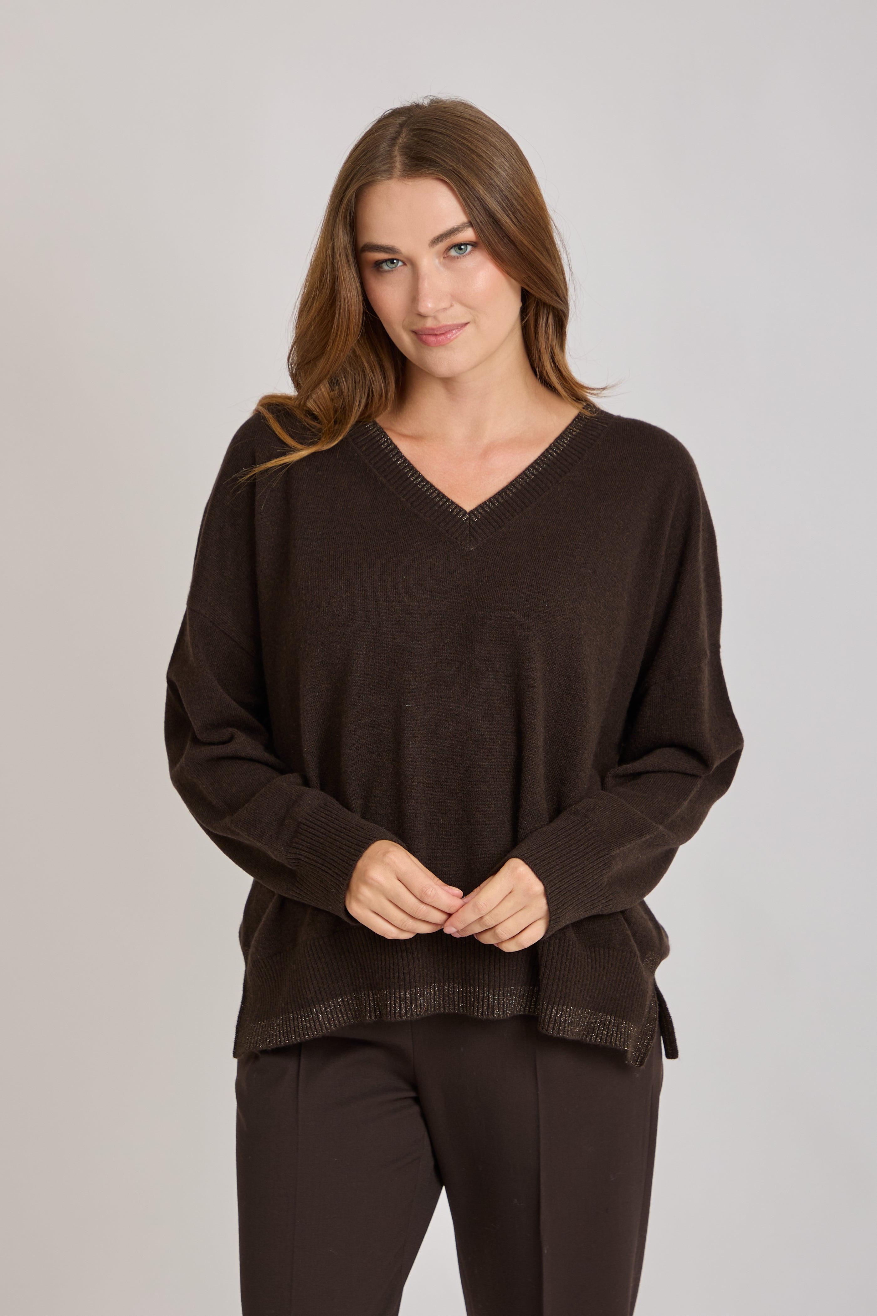 V NECK CASHMERE JUMPER WITH LUREX DETAILS -AMERICANO