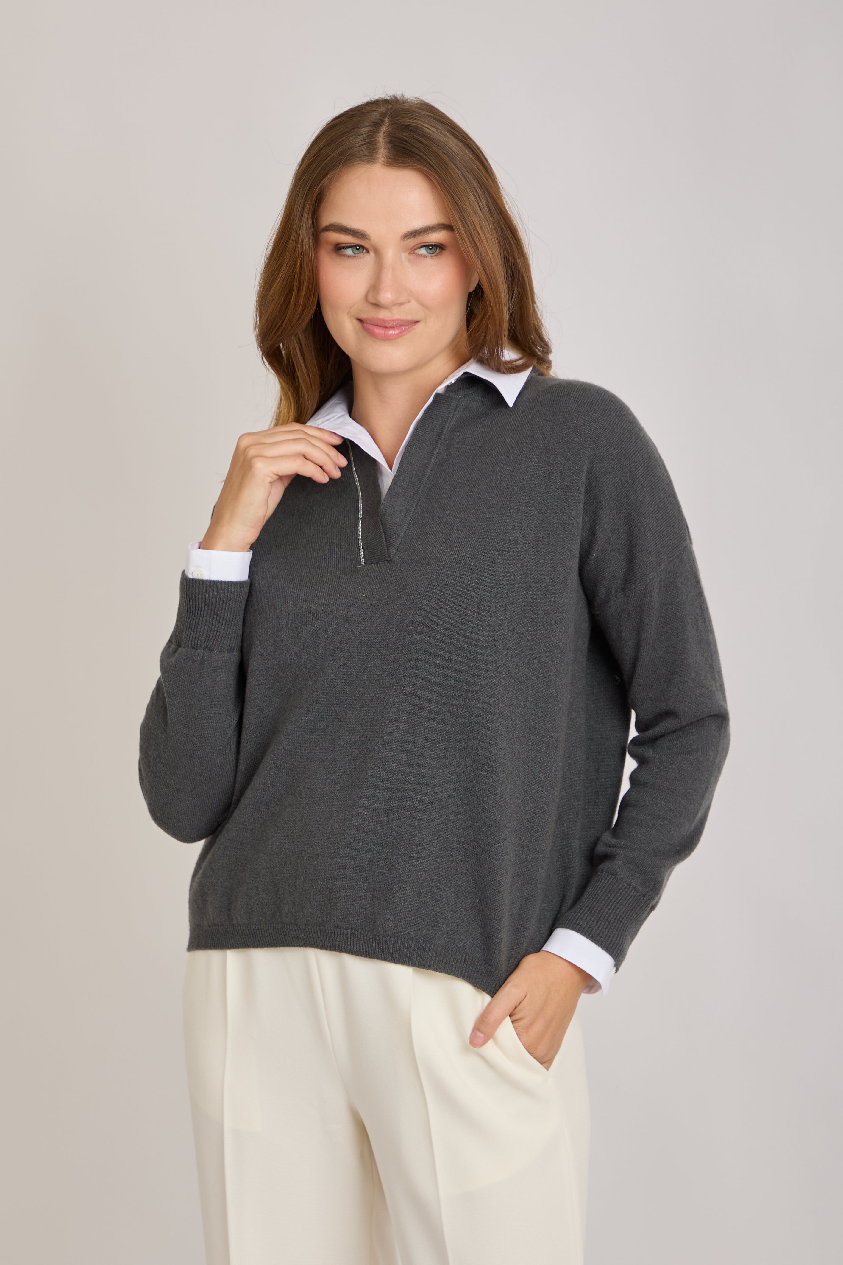 JUMPER WITH SHIRT COLLAR- ANTHRACITE