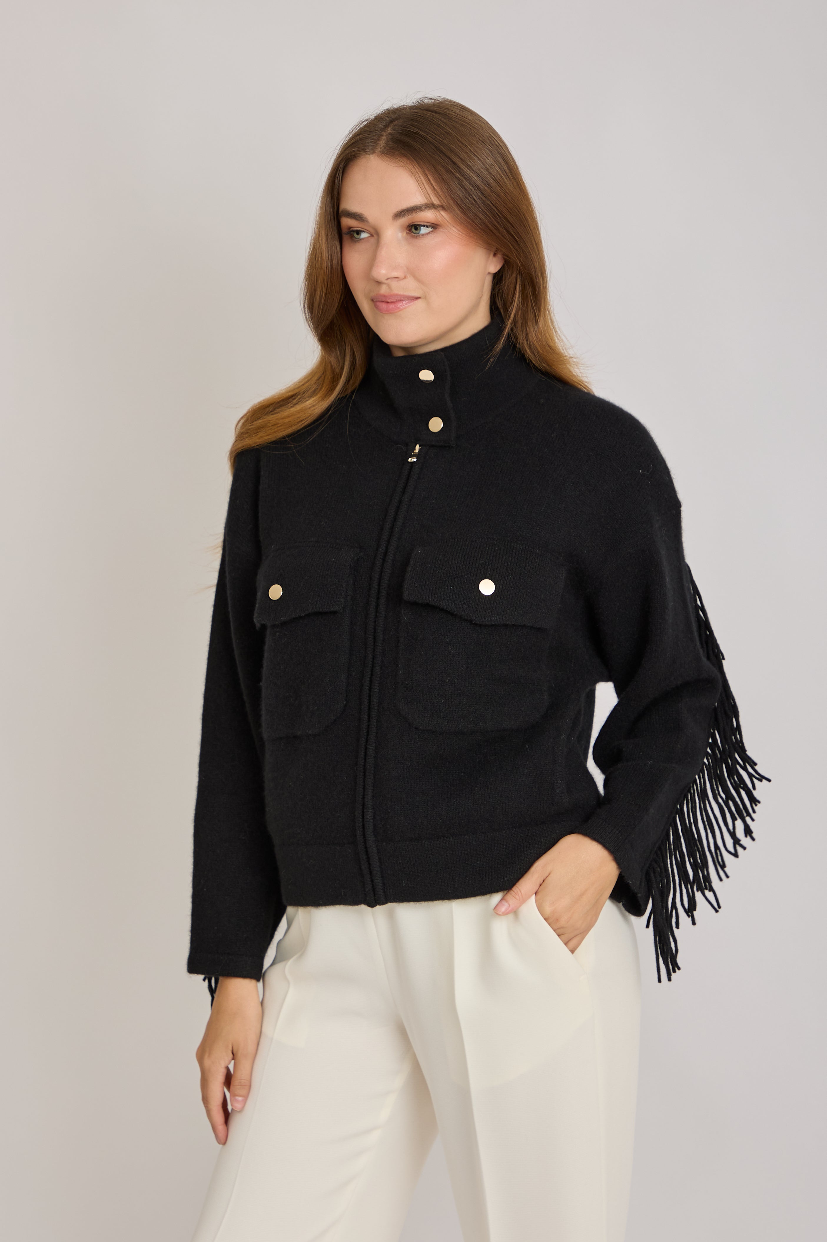 CASHMERE JACKET WITH FRINGE- BLACK