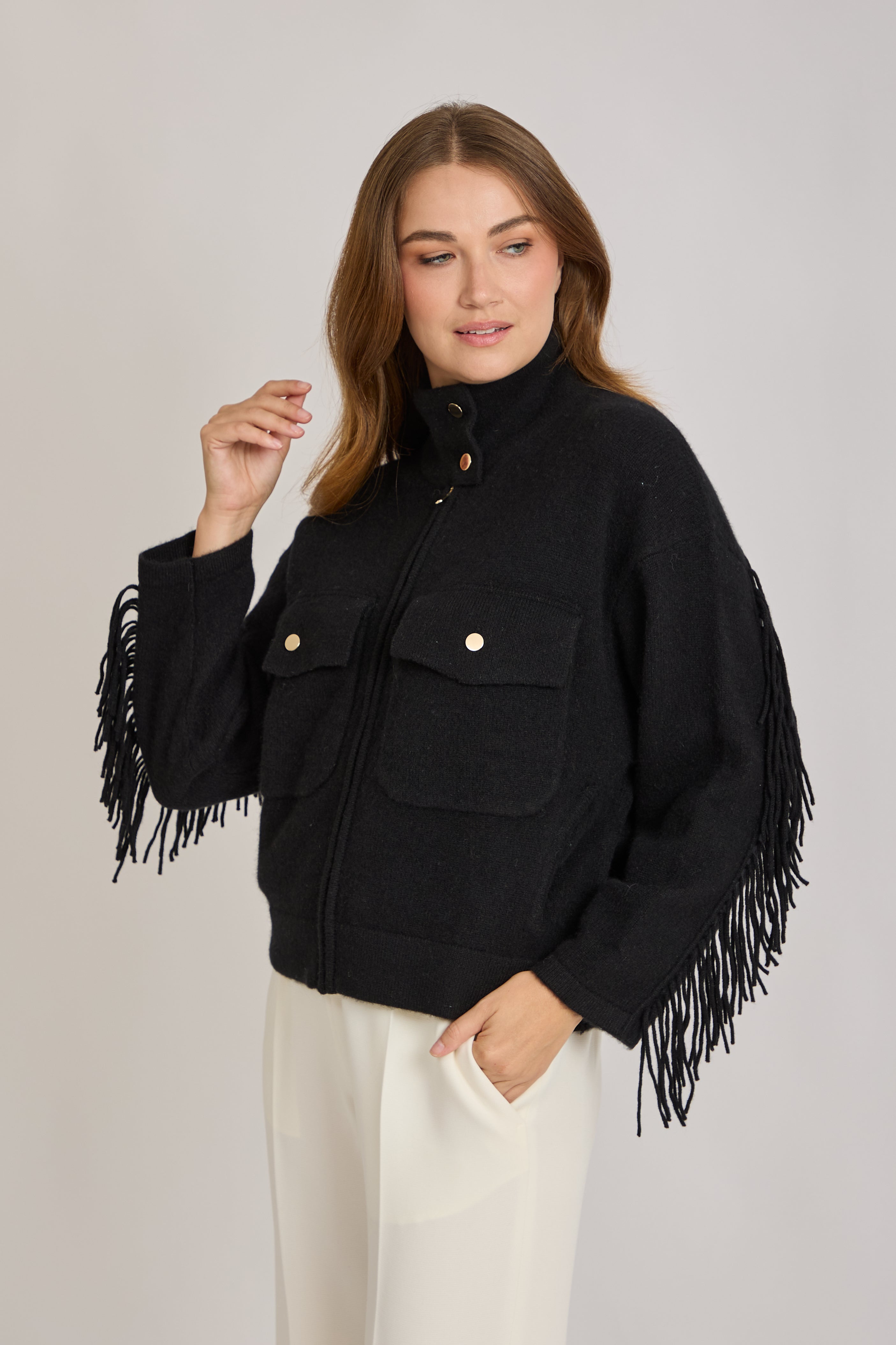 CASHMERE JACKET WITH FRINGE- BLACK