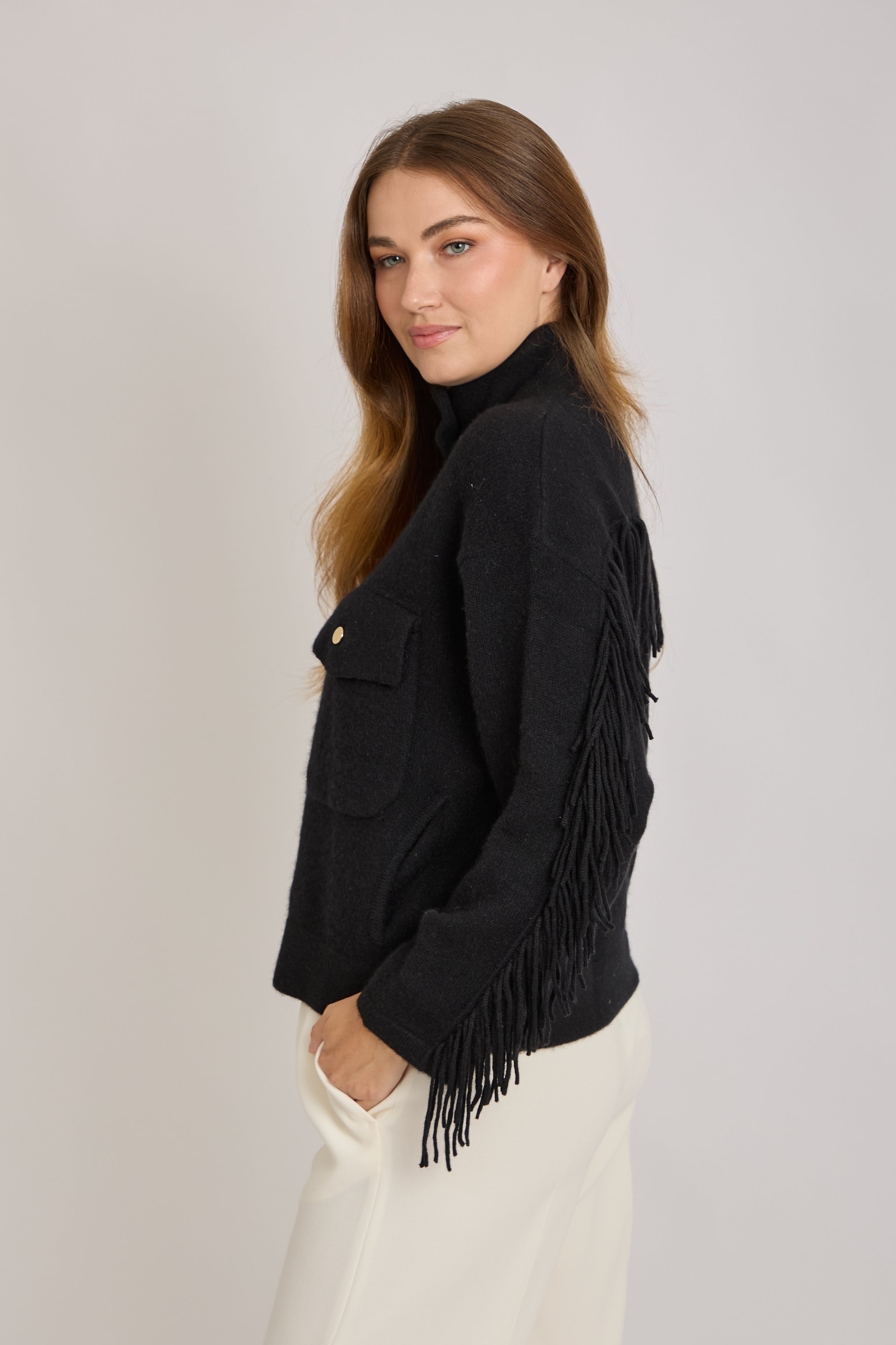 CASHMERE JACKET WITH FRINGE- BLACK