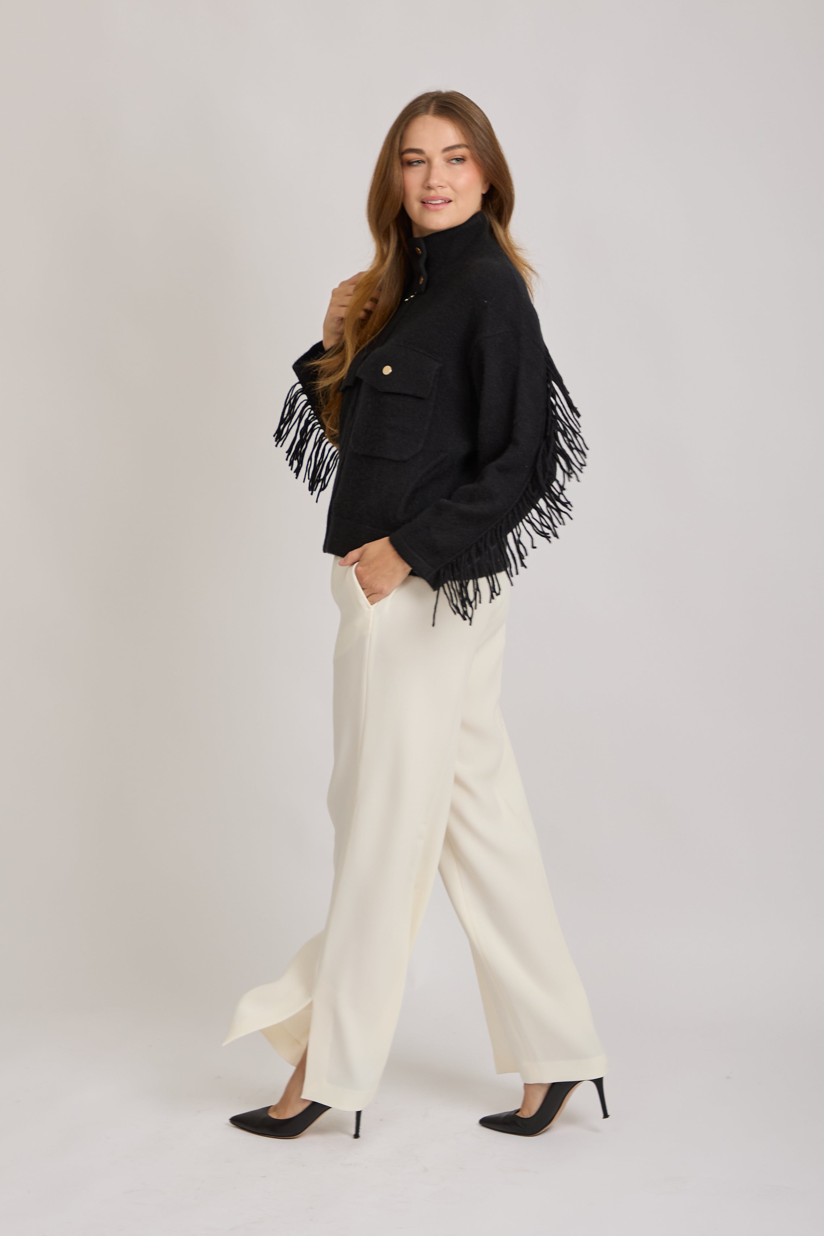 CASHMERE JACKET WITH FRINGE- BLACK