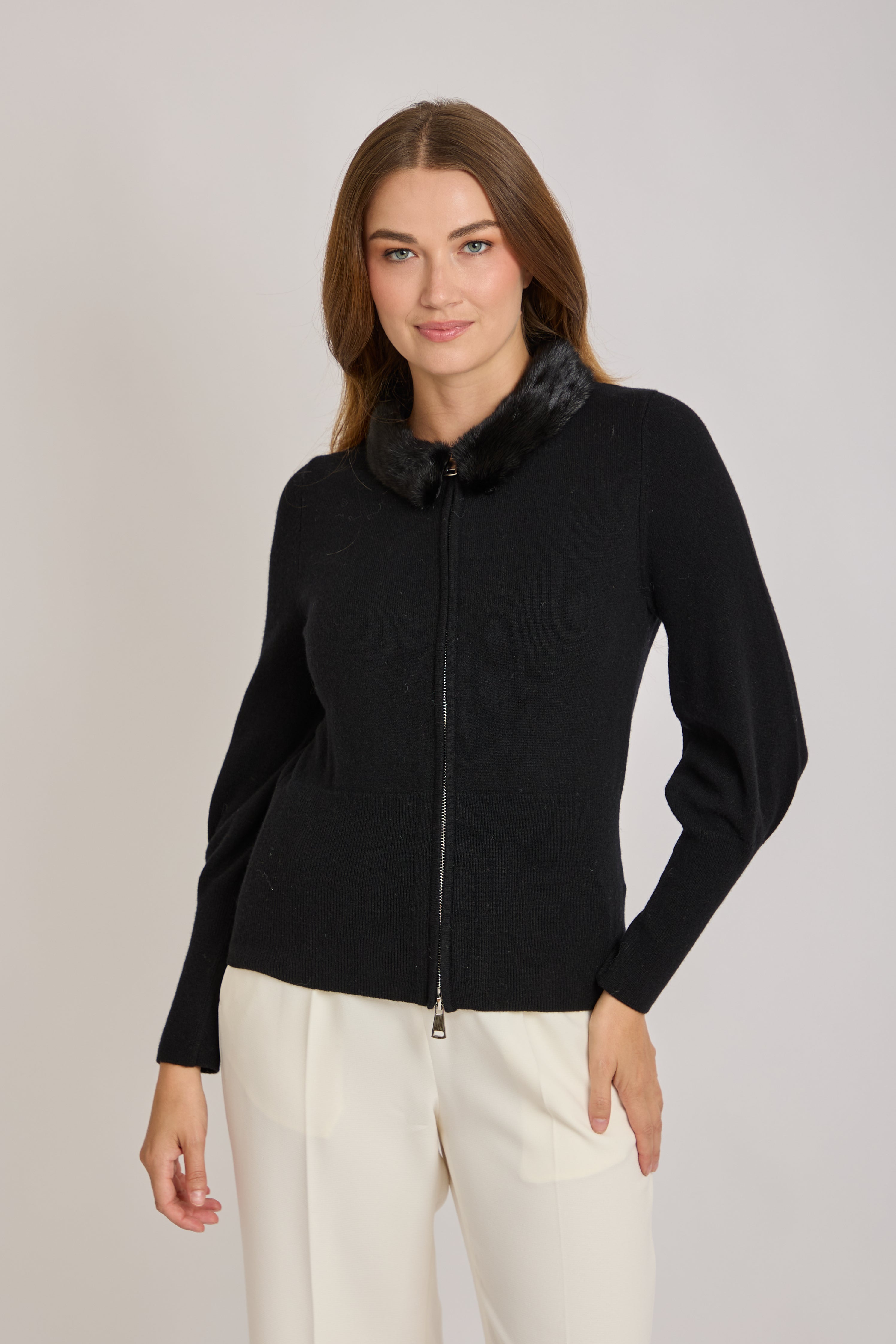 CASHMERE CARDIGAN WITH MINK FUR COLLAR-BLACK