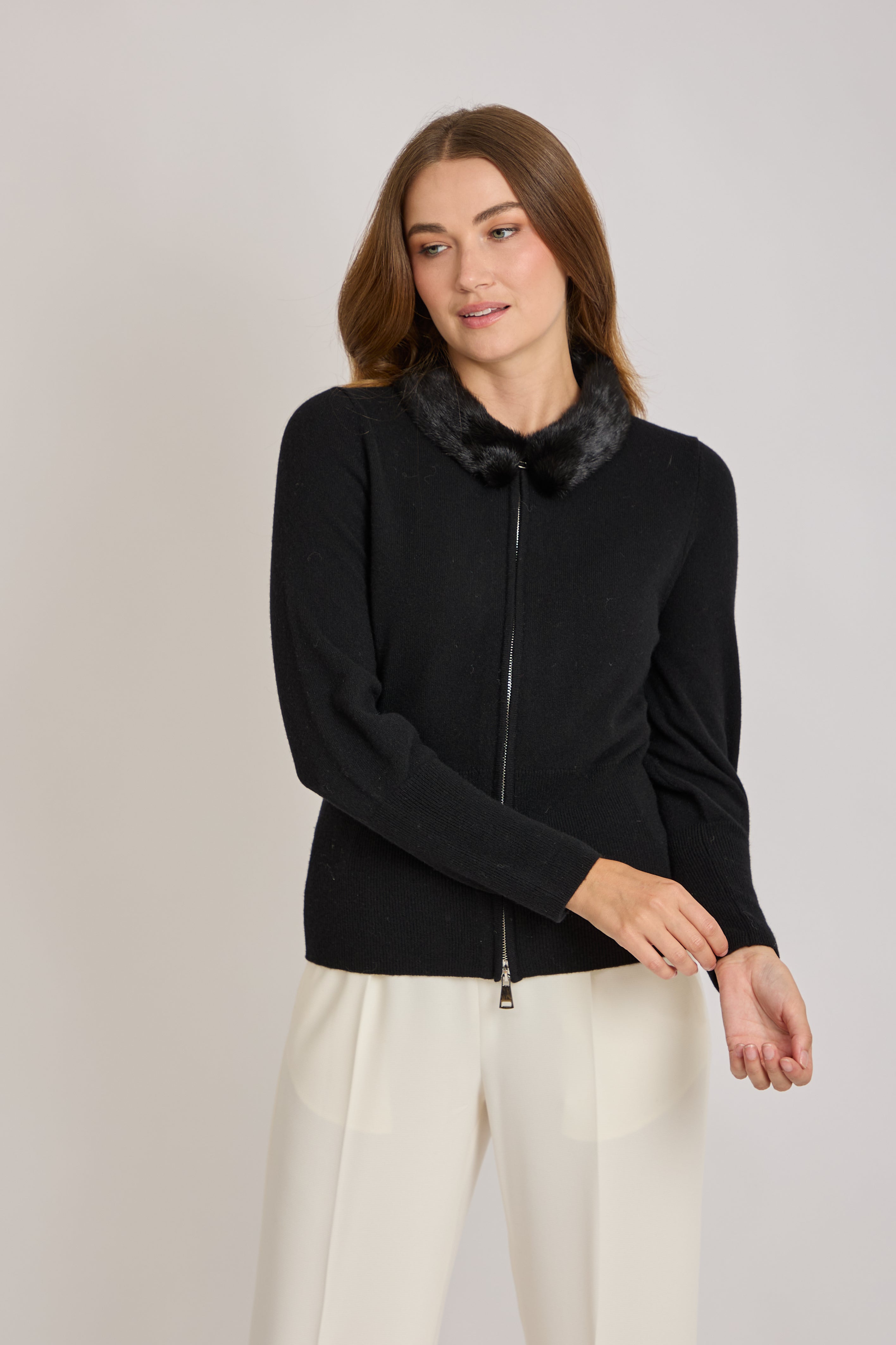 CASHMERE CARDIGAN WITH MINK FUR COLLAR-BLACK