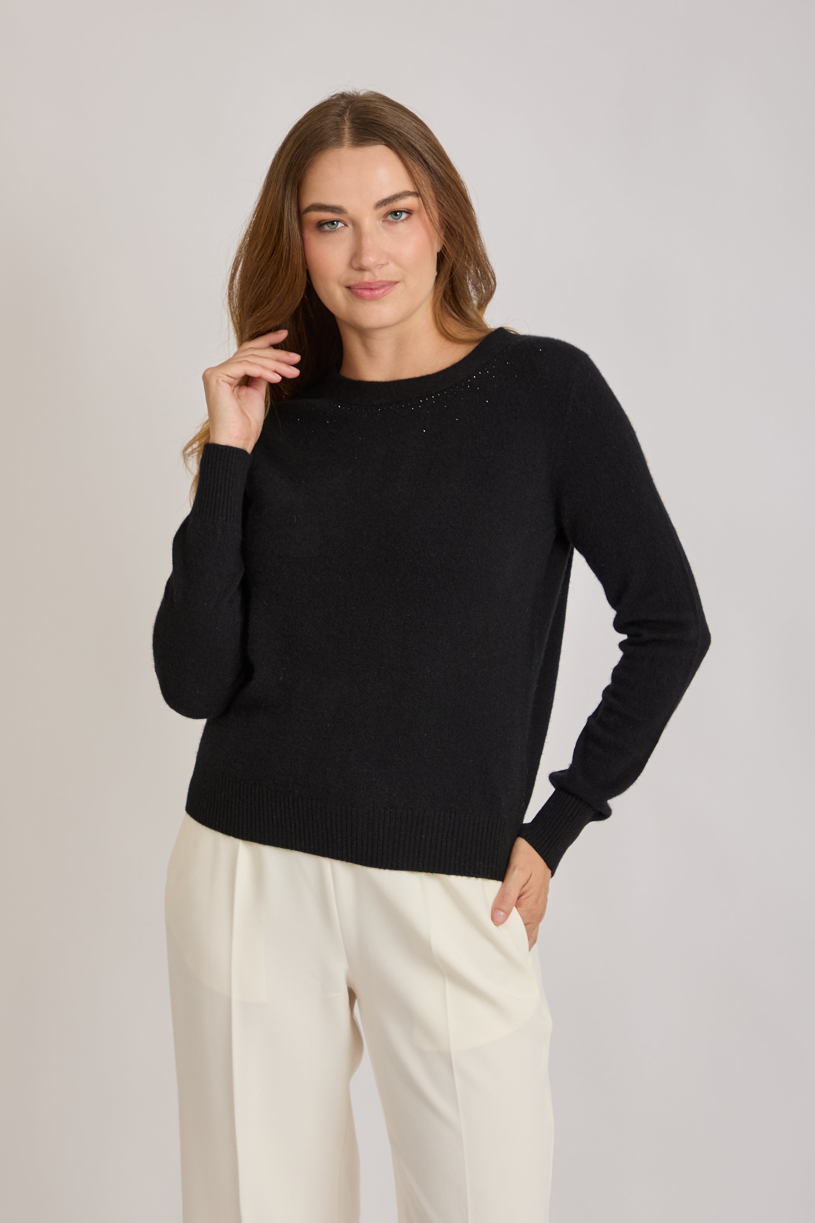 CREW NECK JUMPER WITH STRASS-BLACK