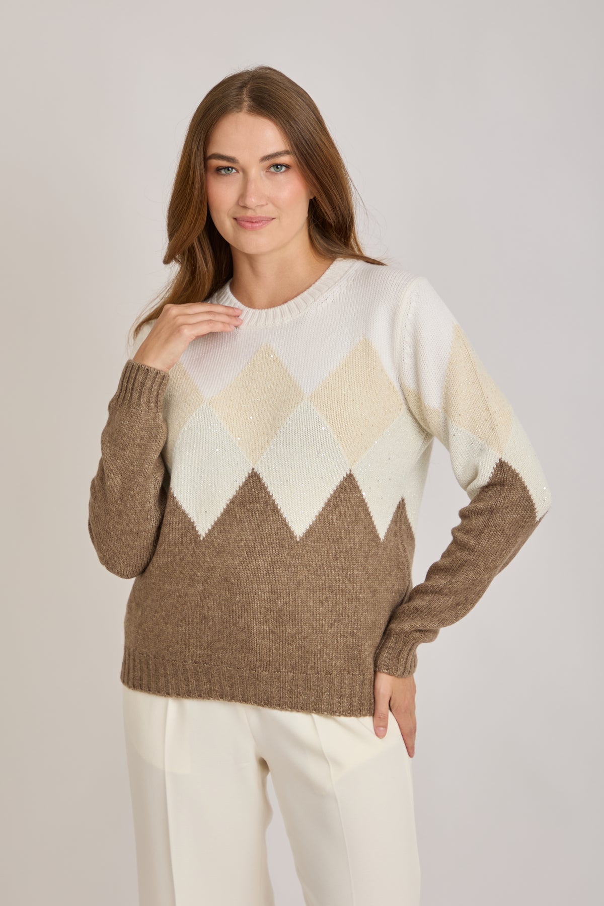 CREW NECK JUMPER- TAUPE/LATTE