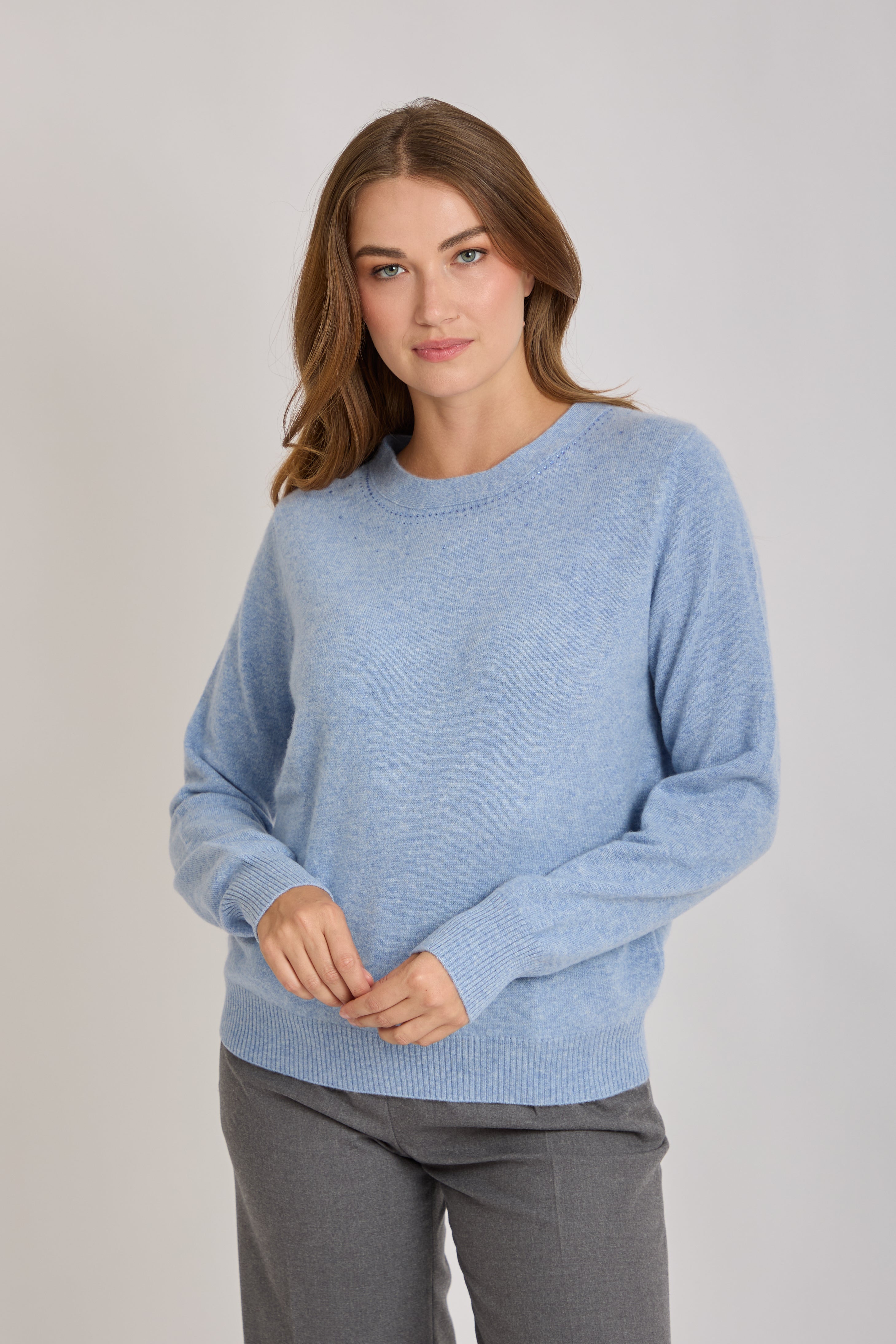 CASHMERE CREW NECK JUMPER WITH STRASS-GLACIER