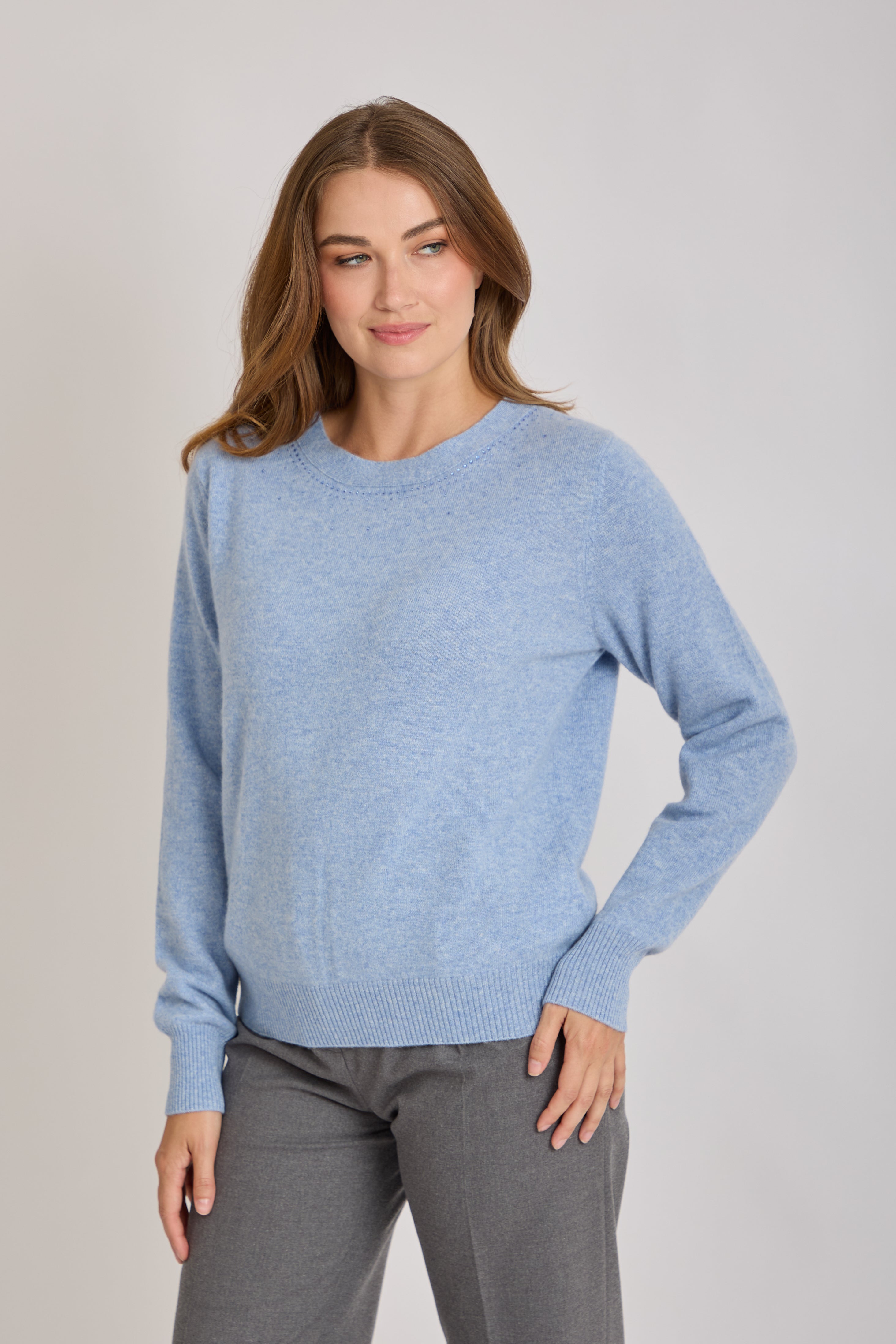 CASHMERE CREW NECK JUMPER WITH STRASS-GLACIER