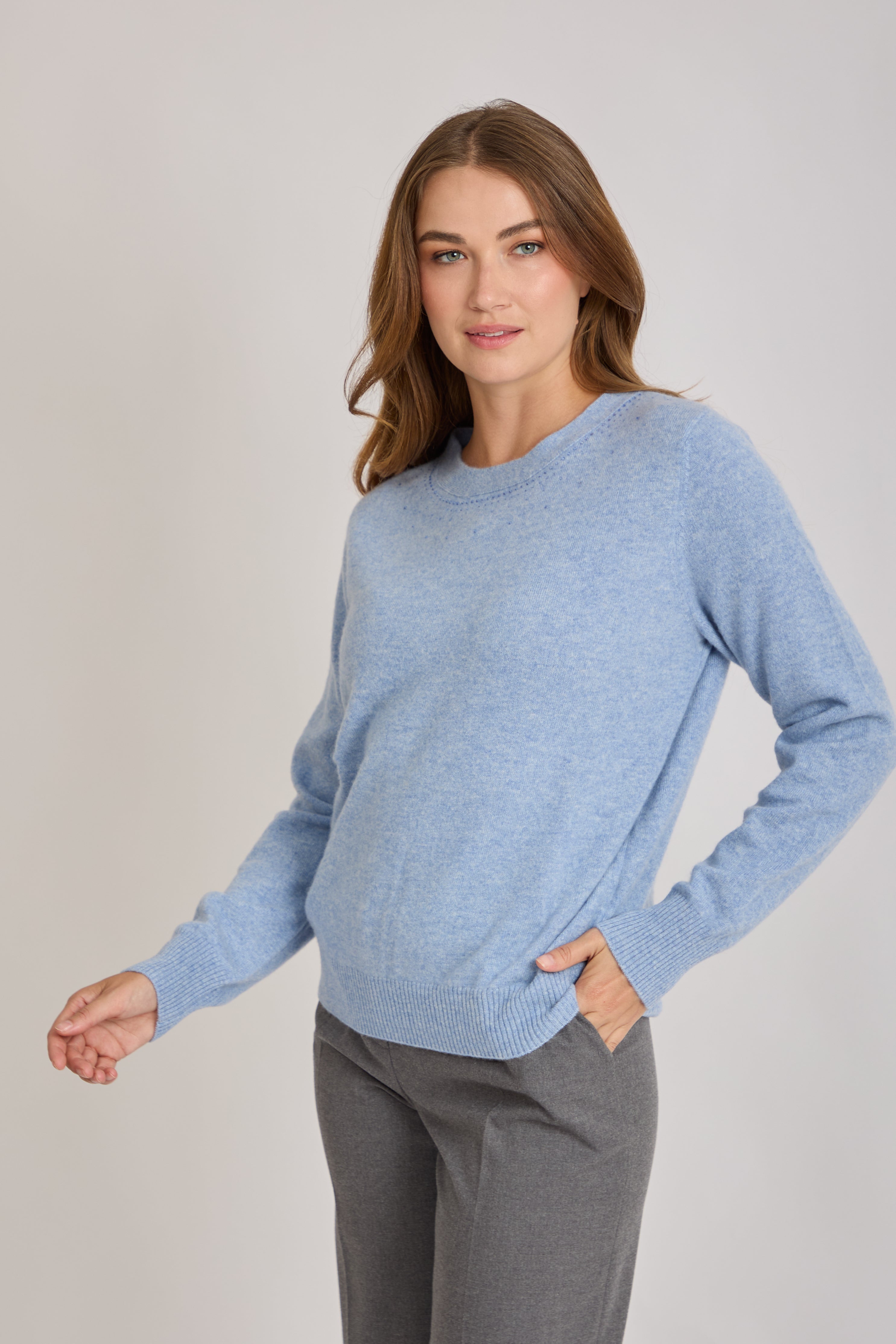 CASHMERE CREW NECK JUMPER WITH STRASS-GLACIER