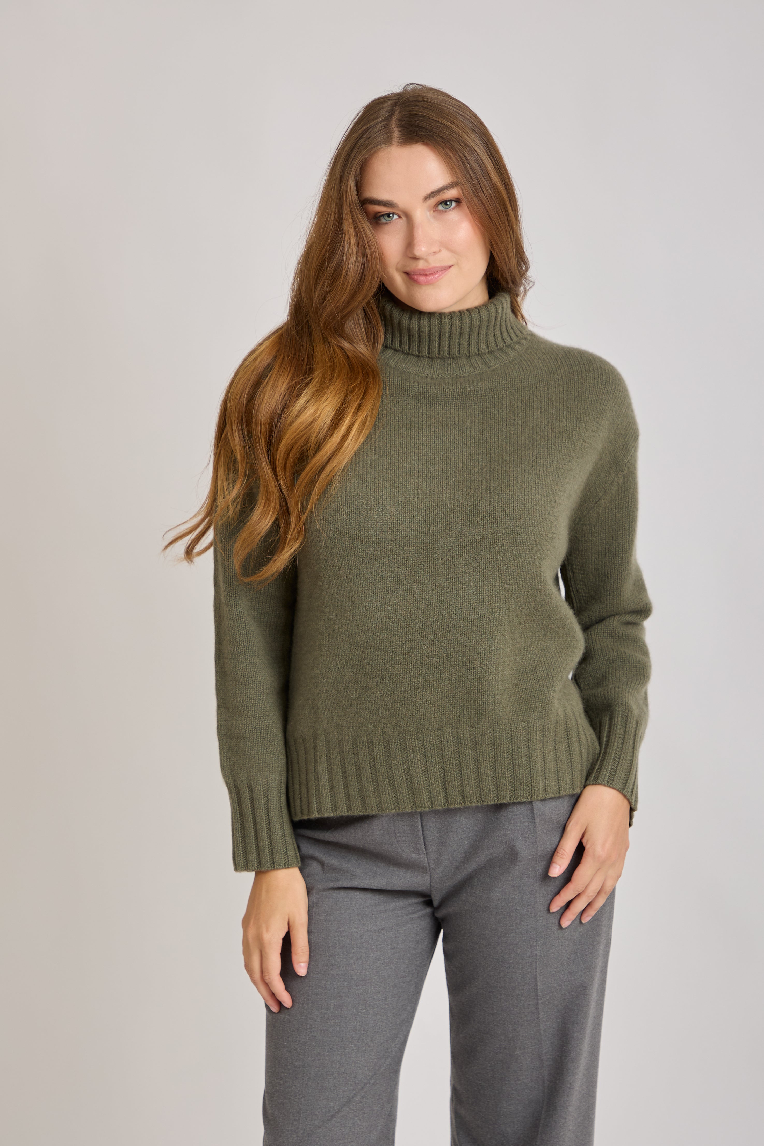 CASHMERE THIK HIGH NECK JUMPER-KAKI