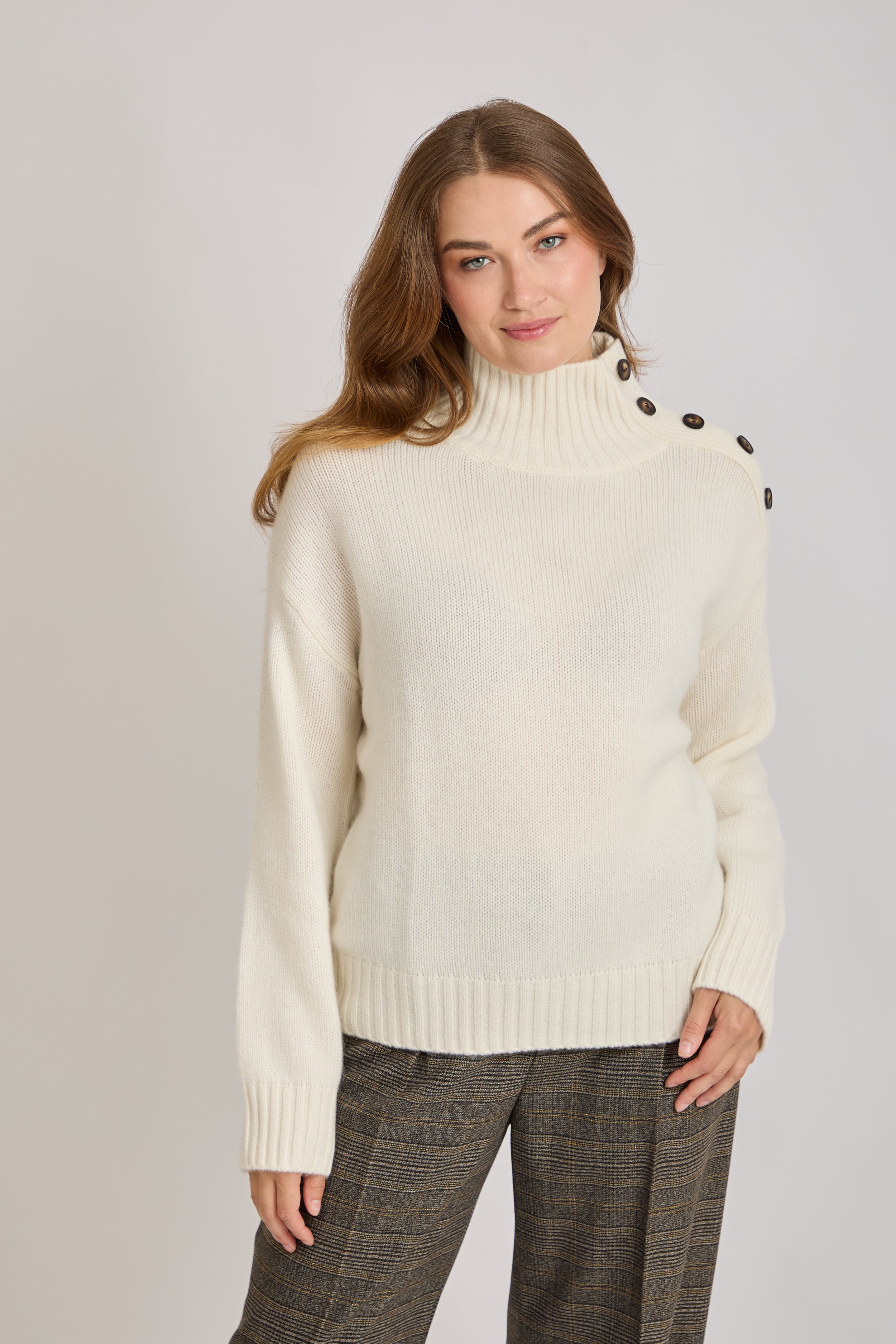 HIGH NECK JUMPER WITH BUTTONS AT THE SHOULDER - OFF WHITE