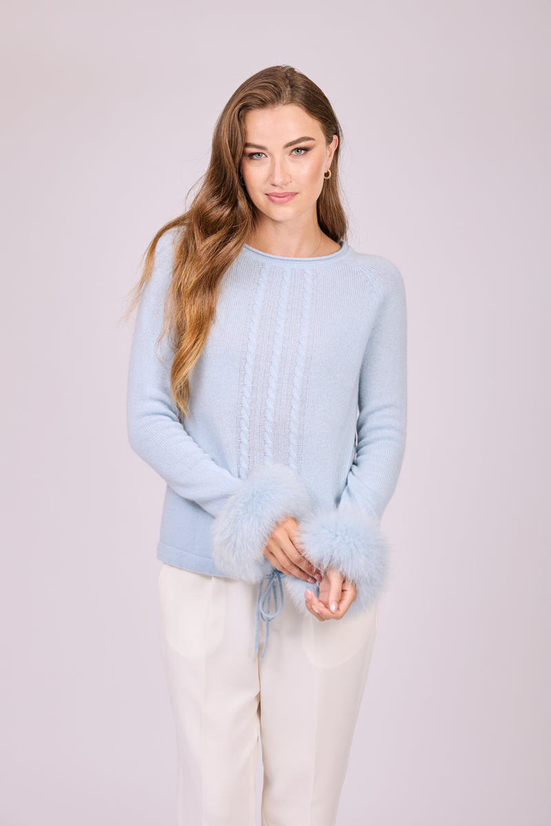 CASHMERE JUMPER WITH FOX CUFFS-LIGHT BLUE