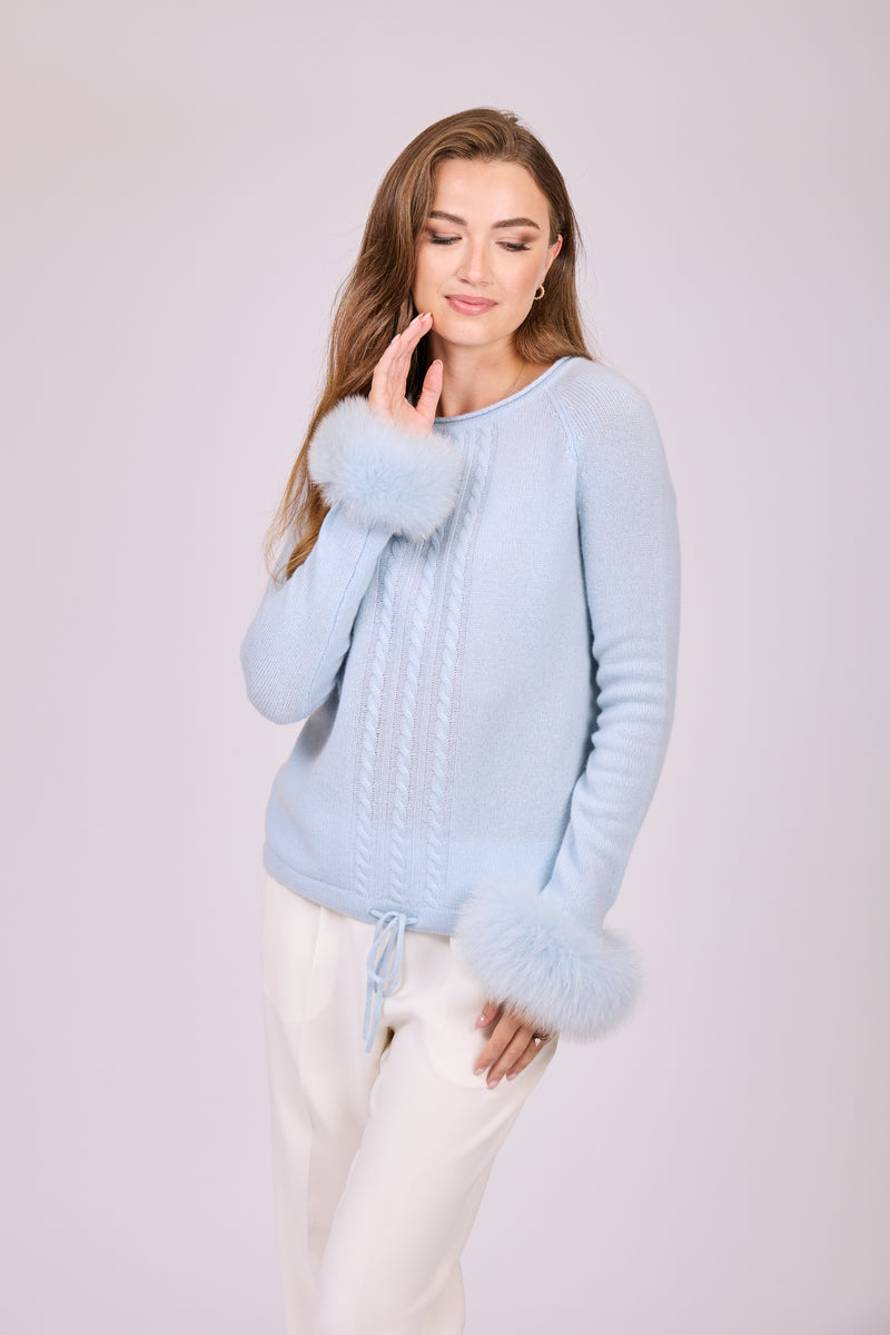 CASHMERE JUMPER WITH FOX CUFFS-LIGHT BLUE