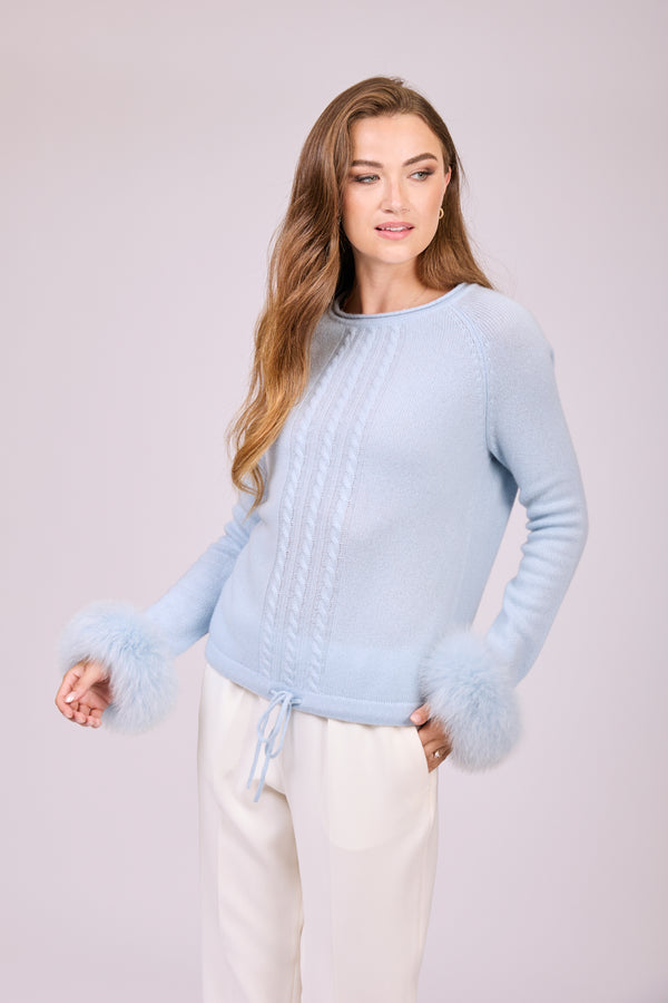 CASHMERE JUMPER WITH FOX CUFFS-LIGHT BLUE