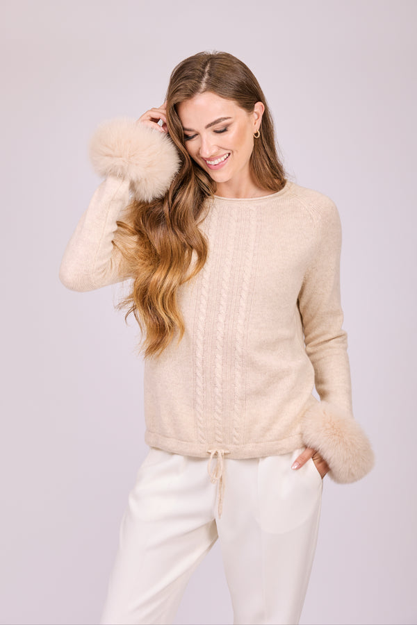 CASHMERE JUMPER WITH FOX CUFFS-BEIGE