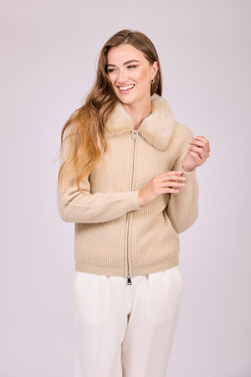 ZIP CARDIGAN WITH MINK COLLAR-DUNE