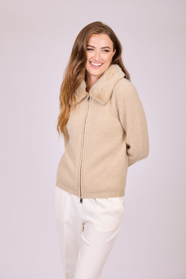 ZIP CARDIGAN WITH MINK COLLAR-DUNE