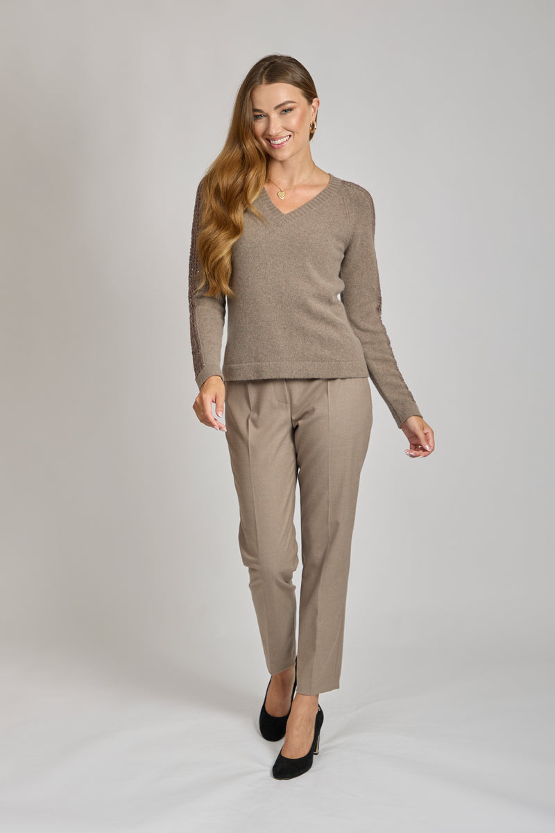 V NECK JUMPER WITH DETAILS- TAUPE