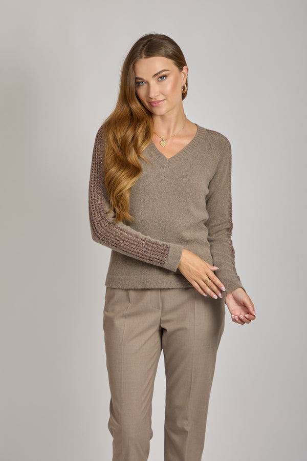 V NECK JUMPER WITH DETAILS- TAUPE