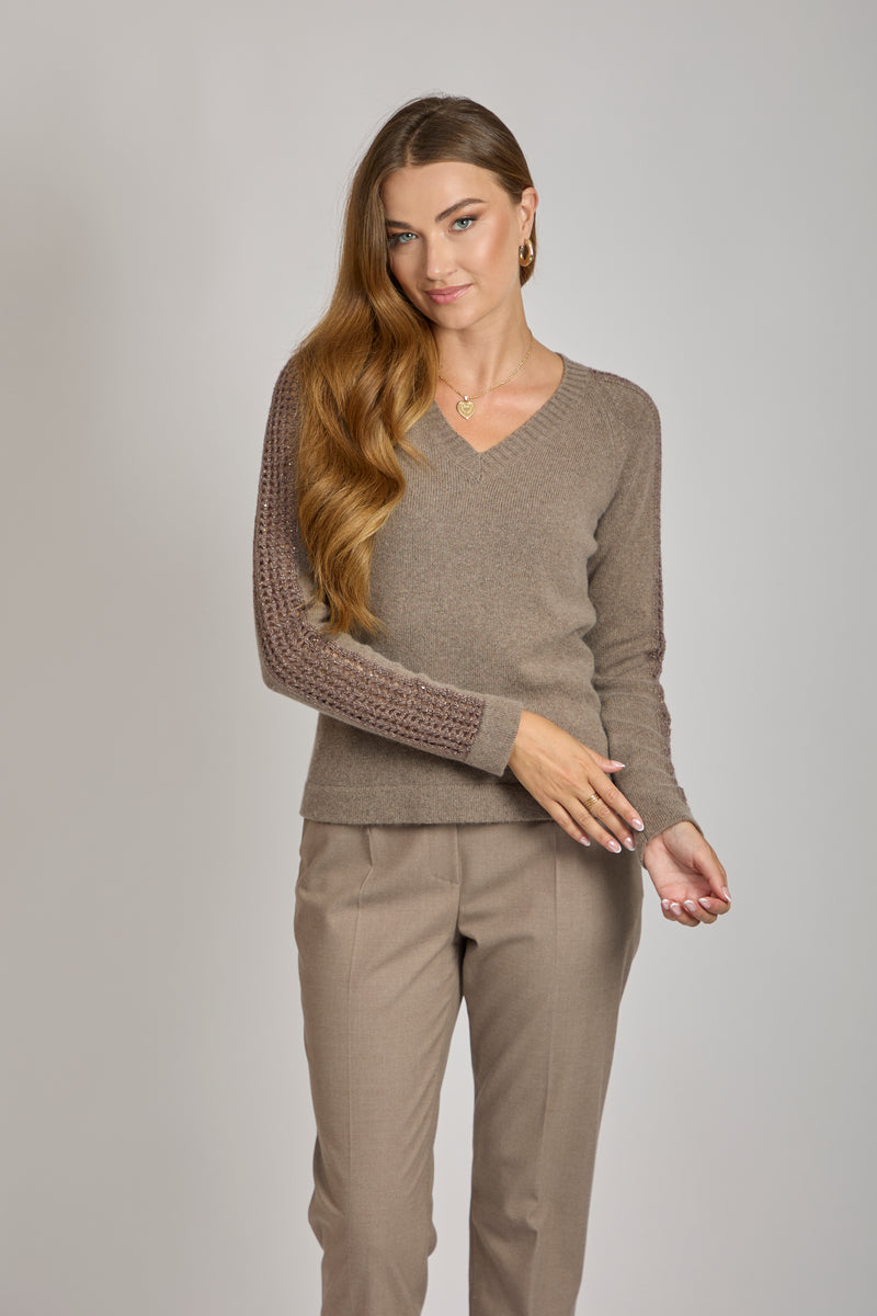 V NECK JUMPER WITH DETAILS- TAUPE